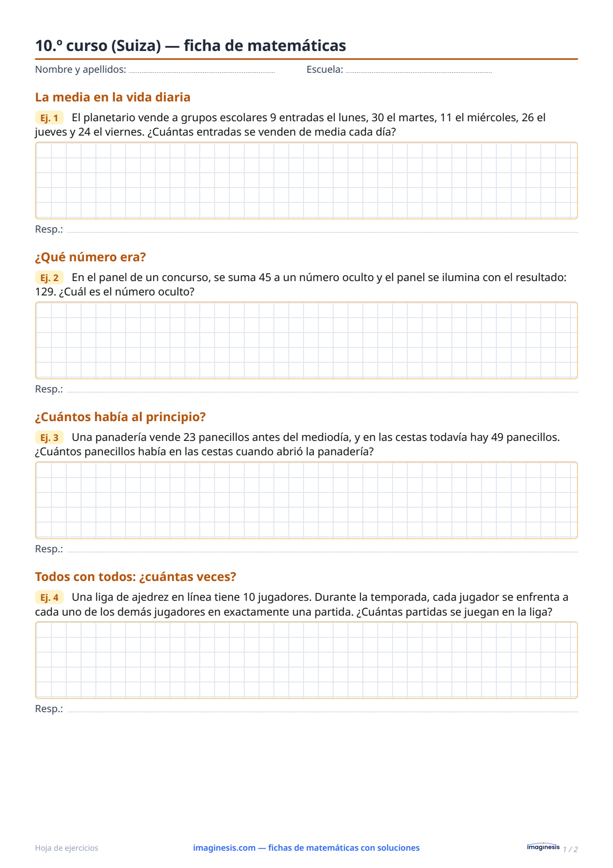 10.º curso (Suiza) — ficha de matemáticas — Ficha del alumno: ficha de matemáticas para imprimir (10.º curso, Suiza)
