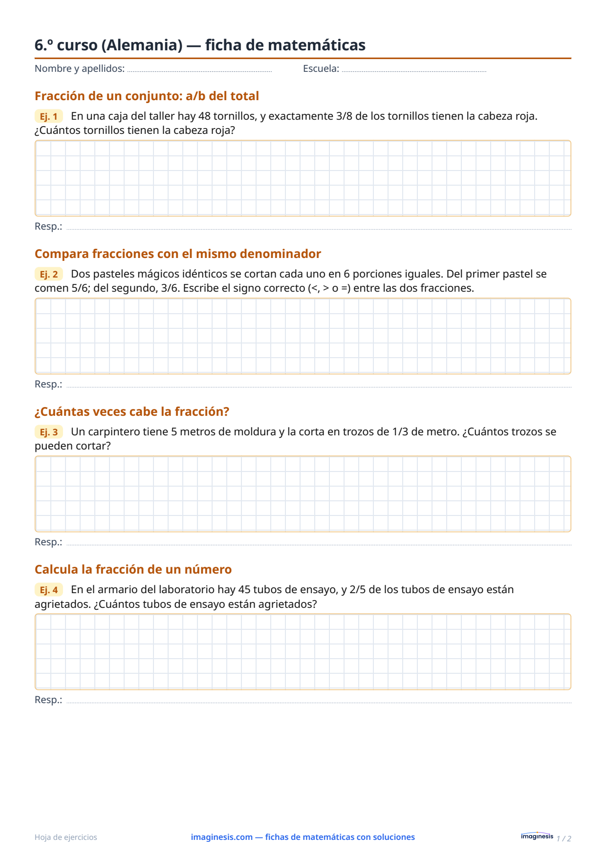 6.º curso (Alemania) — ficha de matemáticas — Ficha del alumno: ficha de matemáticas para imprimir (6.º curso, Alemania)