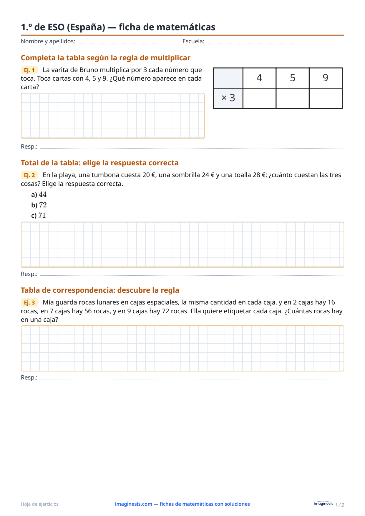 1.º de ESO (España) — ficha de matemáticas — Ficha del alumno: ficha de matemáticas para imprimir (1.º de ESO, España)