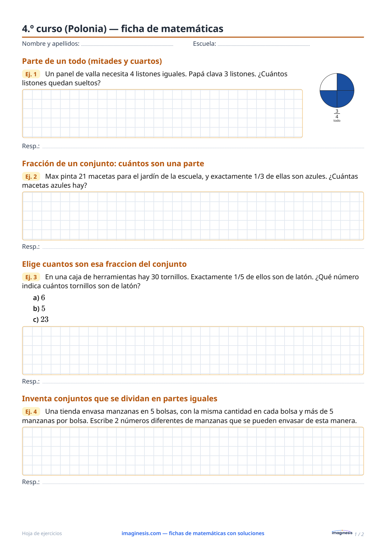 4.º curso (Polonia) — ficha de matemáticas — Ficha del alumno: ficha de matemáticas para imprimir (4.º curso, Polonia)