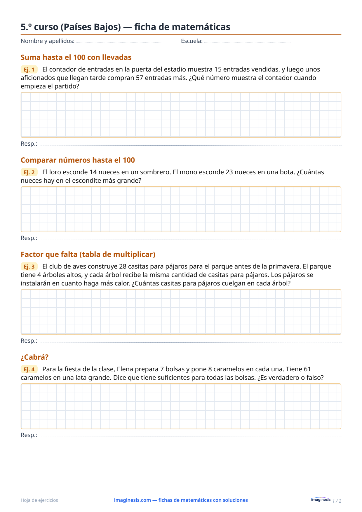 5.º curso (Países Bajos) — ficha de matemáticas — Ficha del alumno: ficha de matemáticas para imprimir (5.º curso, Países Bajos)