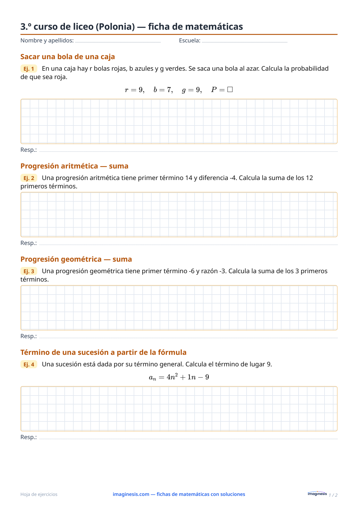 3.º curso de liceo (Polonia) — ficha de matemáticas — Ficha del alumno: ficha de matemáticas para imprimir (3.º curso de liceo, Polonia)