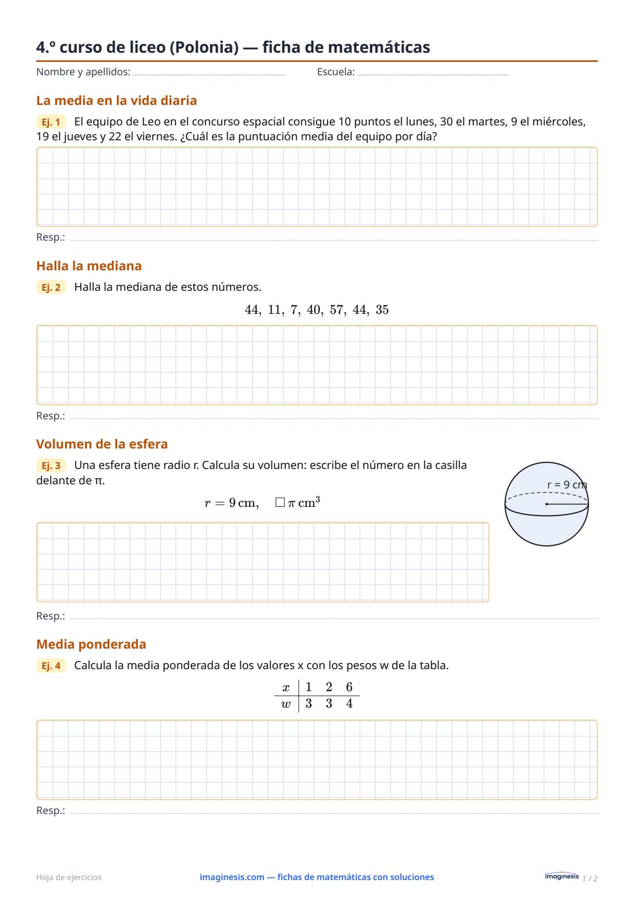 4.º curso de liceo (Polonia) — ficha de matemáticas — Ficha del alumno: ficha de matemáticas para imprimir (4.º curso de liceo, Polonia)
