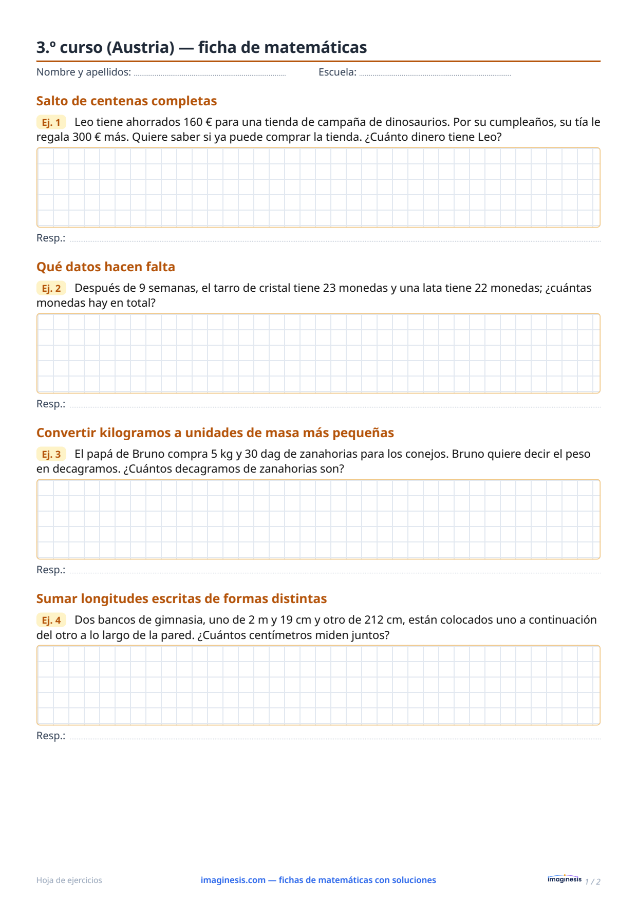 3.º curso (Austria) — ficha de matemáticas — Ficha del alumno: ficha de matemáticas para imprimir (3.º curso, Austria)