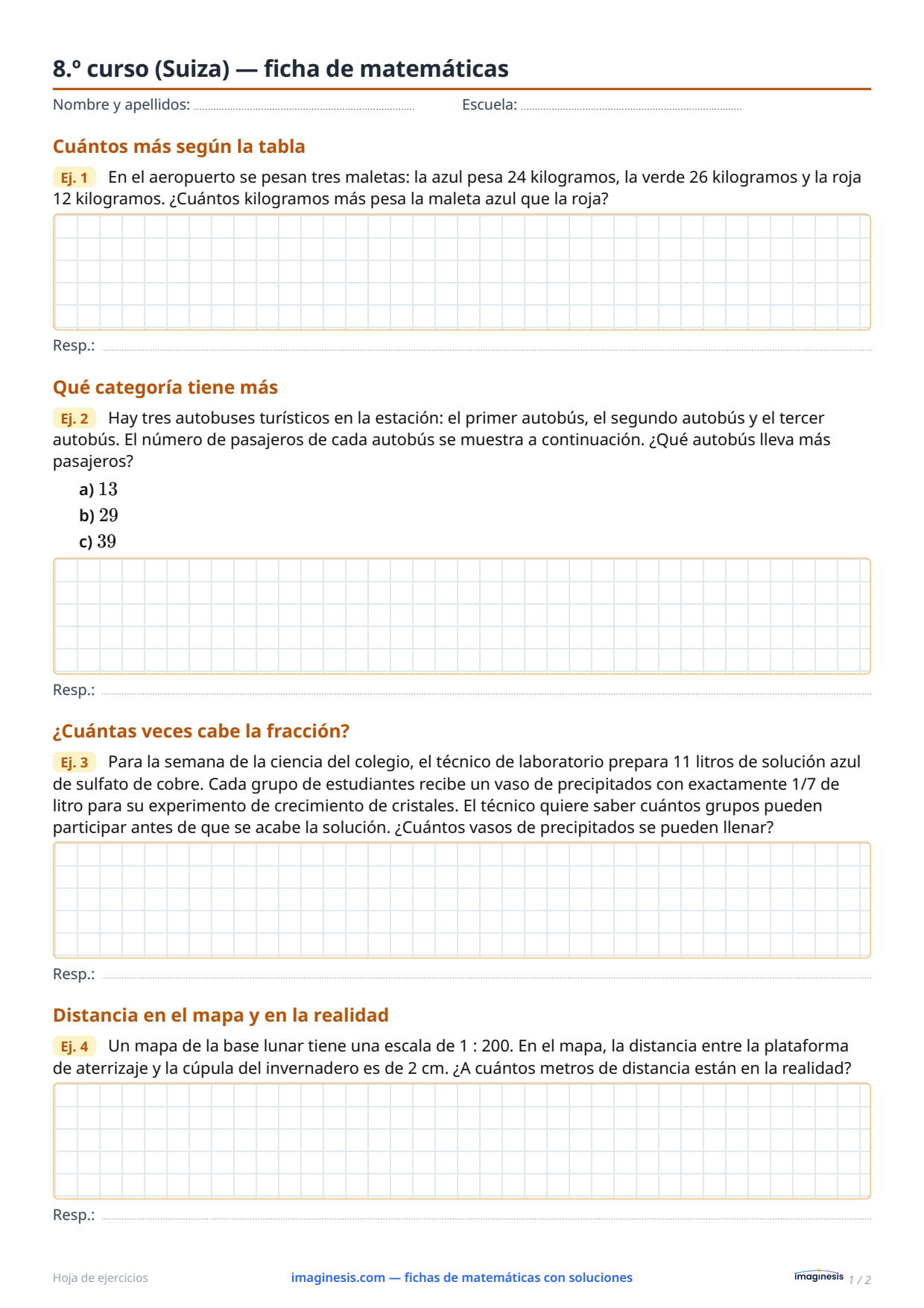 8.º curso (Suiza) — ficha de matemáticas — Ficha del alumno: ficha de matemáticas para imprimir (8.º curso, Suiza)