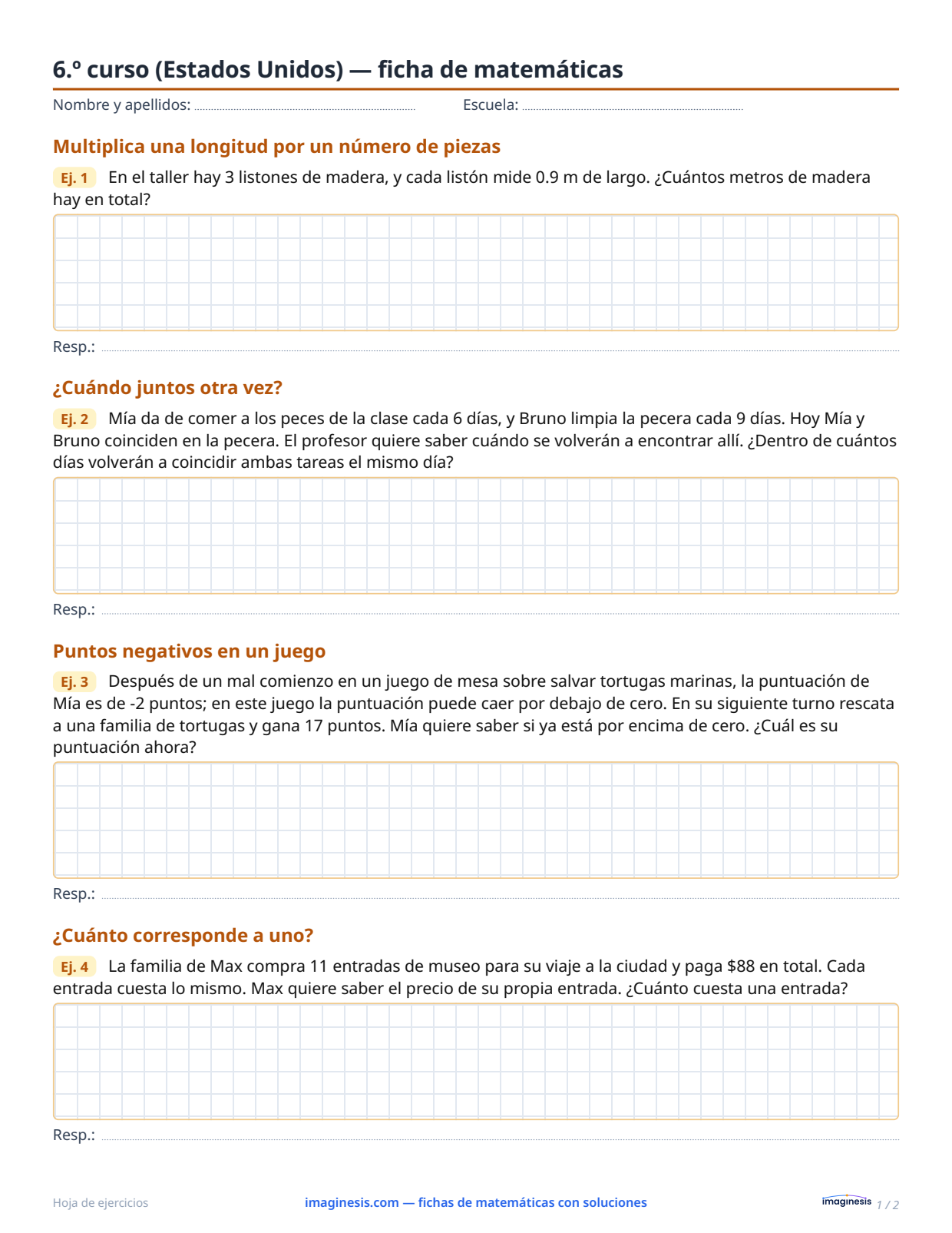 6.º curso (Estados Unidos) — ficha de matemáticas — Ficha del alumno: ficha de matemáticas para imprimir (6.º curso, Estados Unidos)