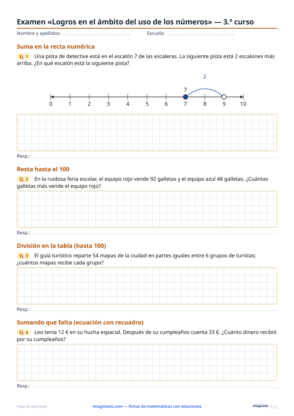 Examen «Logros en el ámbito del uso de los números» — 3.º curso — Ficha del alumno: ficha de matemáticas para imprimir (3.º curso, Polonia)