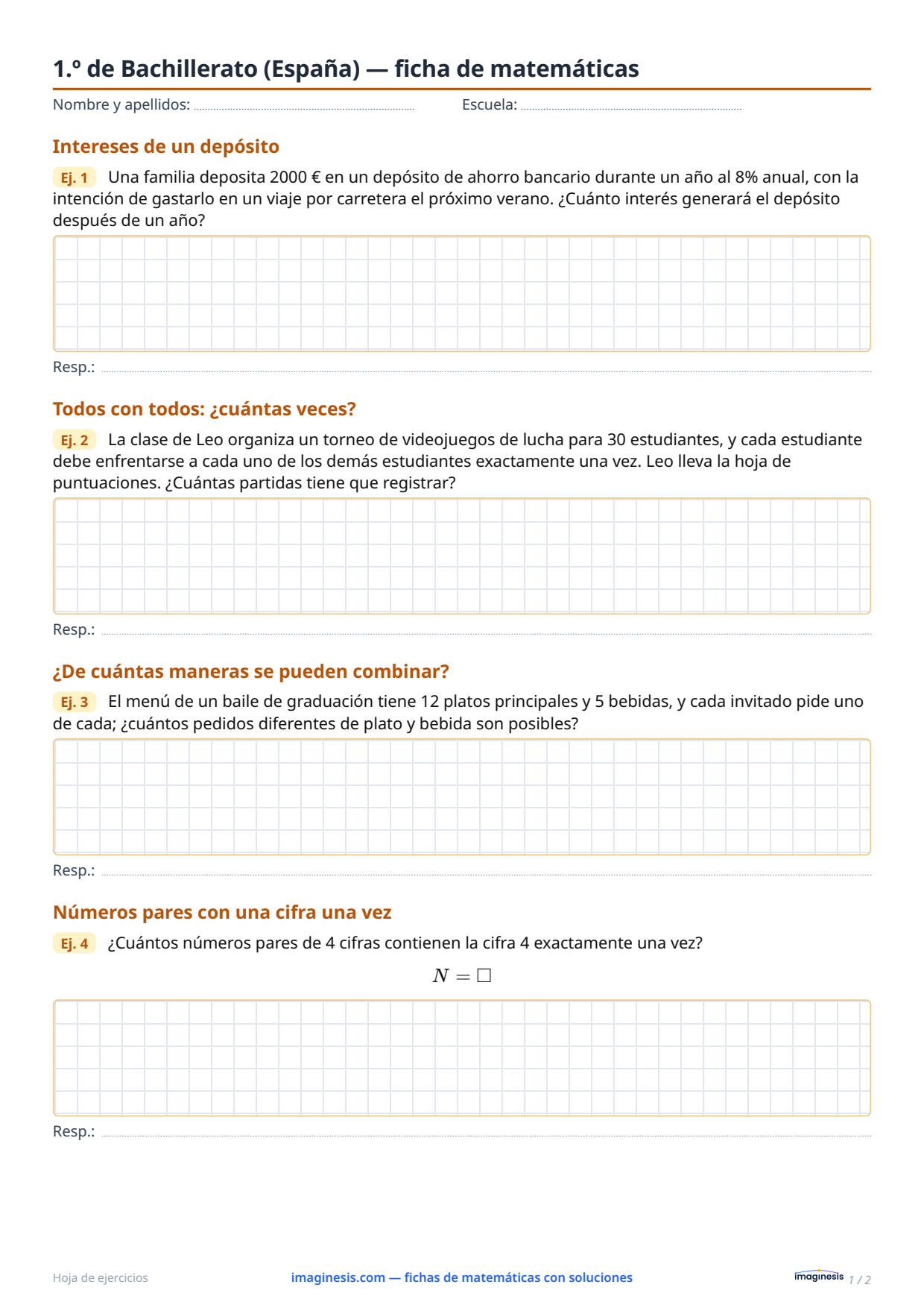 1.º de Bachillerato (España) — ficha de matemáticas — Ficha del alumno: ficha de matemáticas para imprimir (1.º de Bachillerato, España)