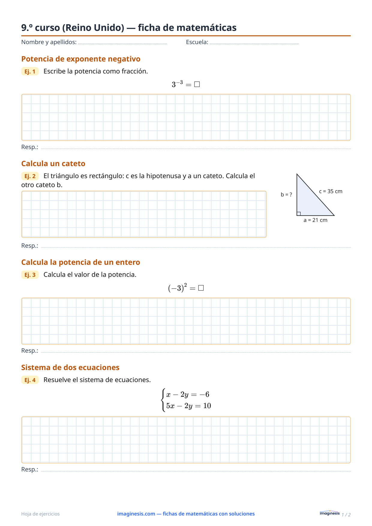 9.º curso (Reino Unido) — ficha de matemáticas — Ficha del alumno: ficha de matemáticas para imprimir (9.º curso, Reino Unido)