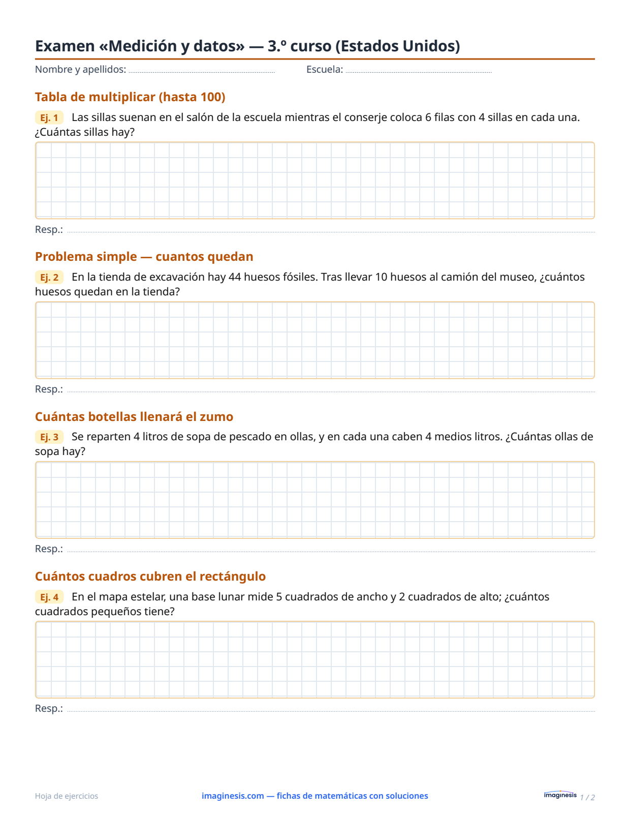 Examen «Medición y datos» — 3.º curso (Estados Unidos) — Ficha del alumno: ficha de matemáticas para imprimir (3.º curso, Estados Unidos)