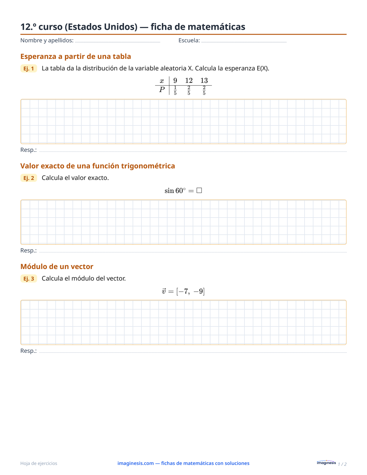 12.º curso (Estados Unidos) — ficha de matemáticas — Ficha del alumno: ficha de matemáticas para imprimir (12.º curso, Estados Unidos)
