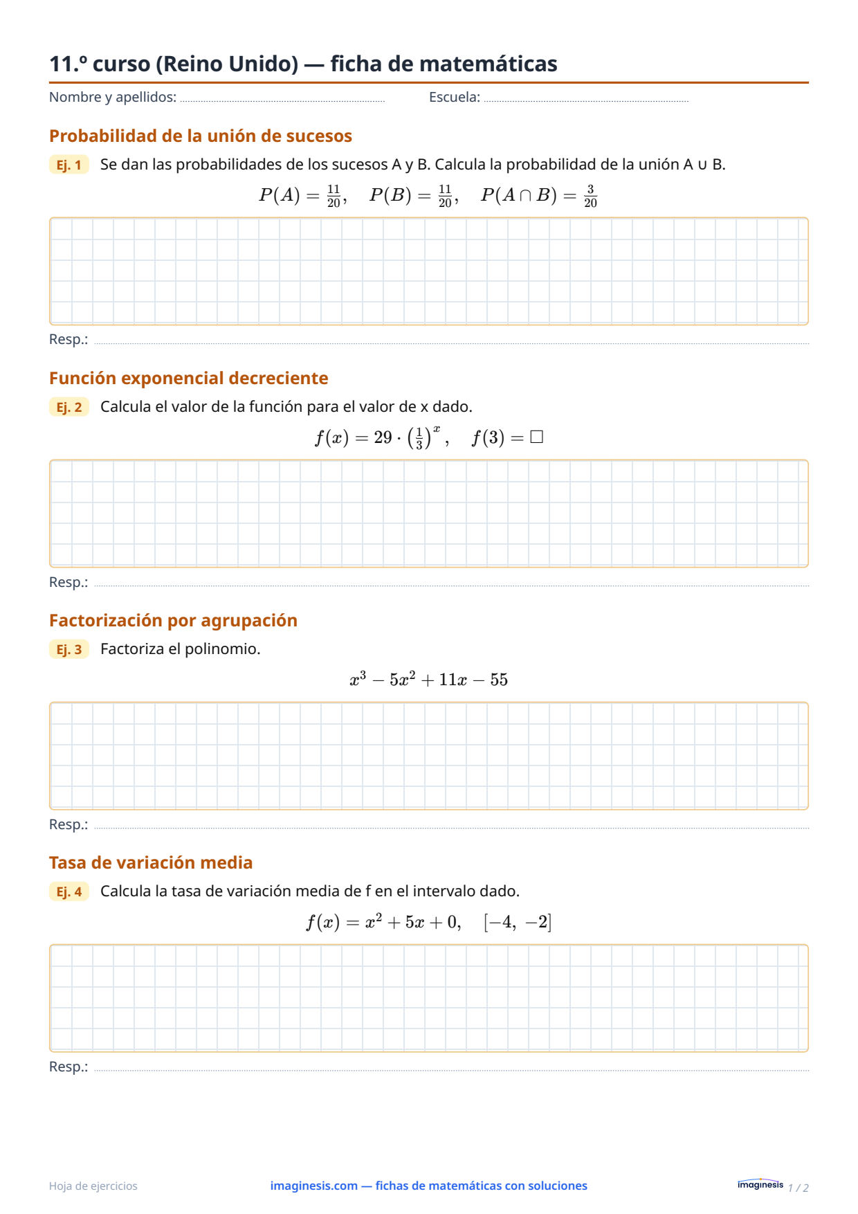 11.º curso (Reino Unido) — ficha de matemáticas — Ficha del alumno: ficha de matemáticas para imprimir (11.º curso, Reino Unido)