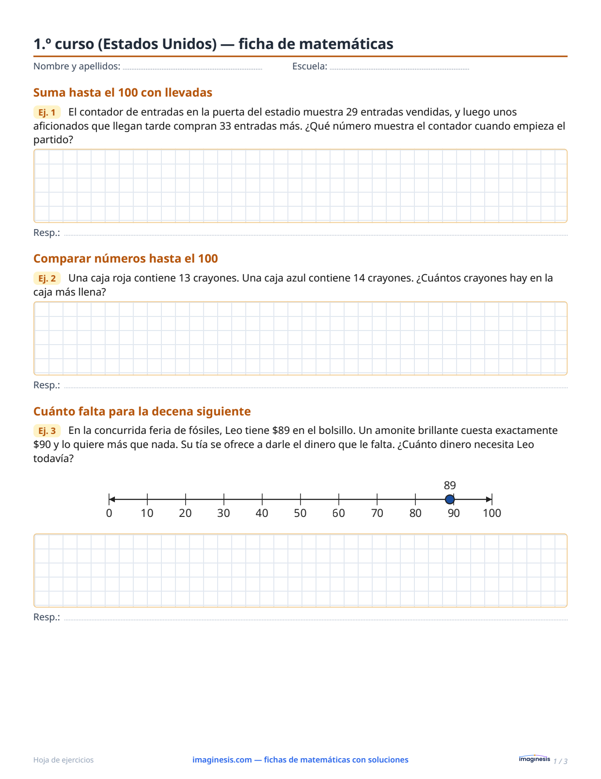 1.º curso (Estados Unidos) — ficha de matemáticas — Ficha del alumno: ficha de matemáticas para imprimir (1.º curso, Estados Unidos)