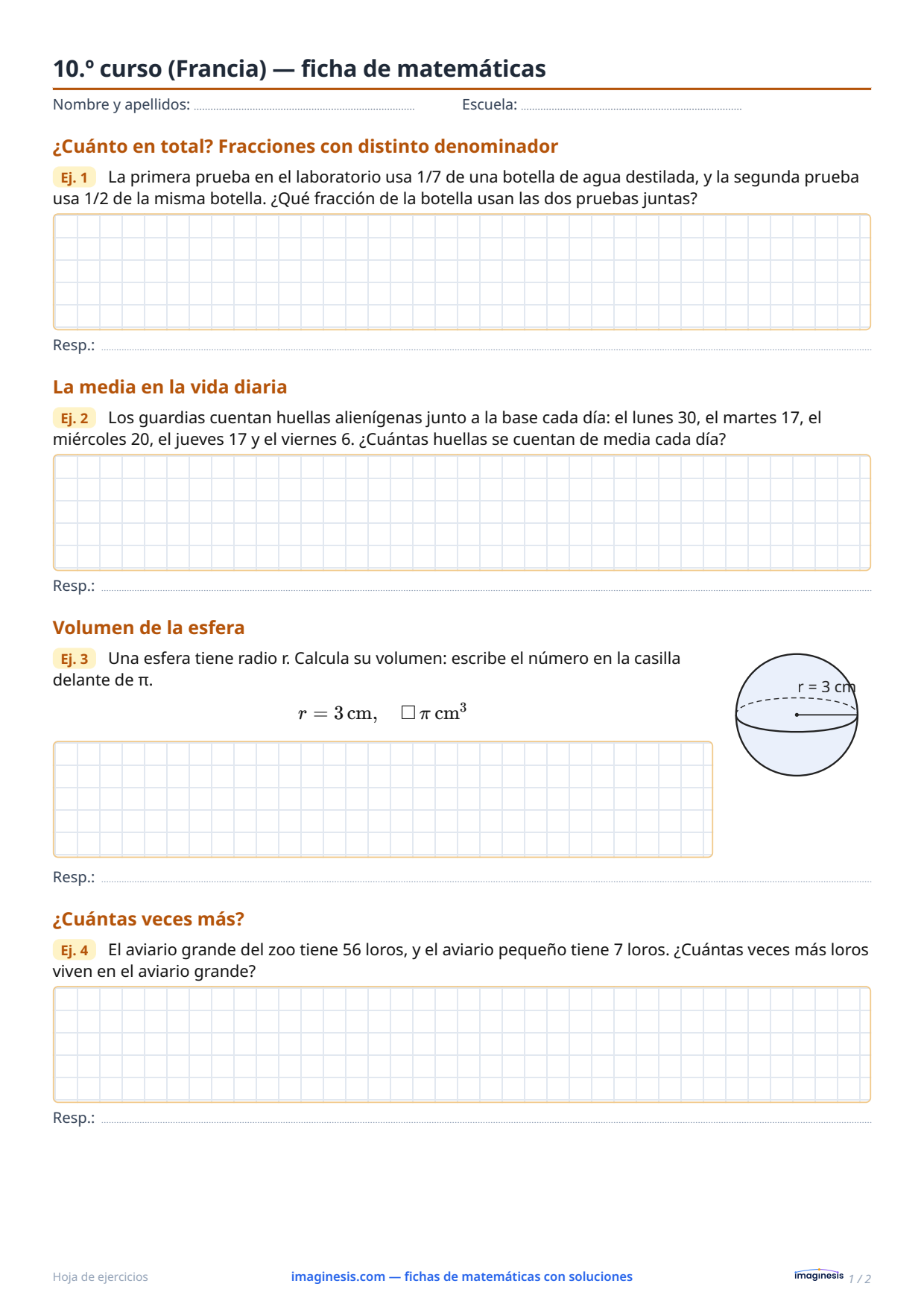 10.º curso (Francia) — ficha de matemáticas — Ficha del alumno: ficha de matemáticas para imprimir (10.º curso, Francia)