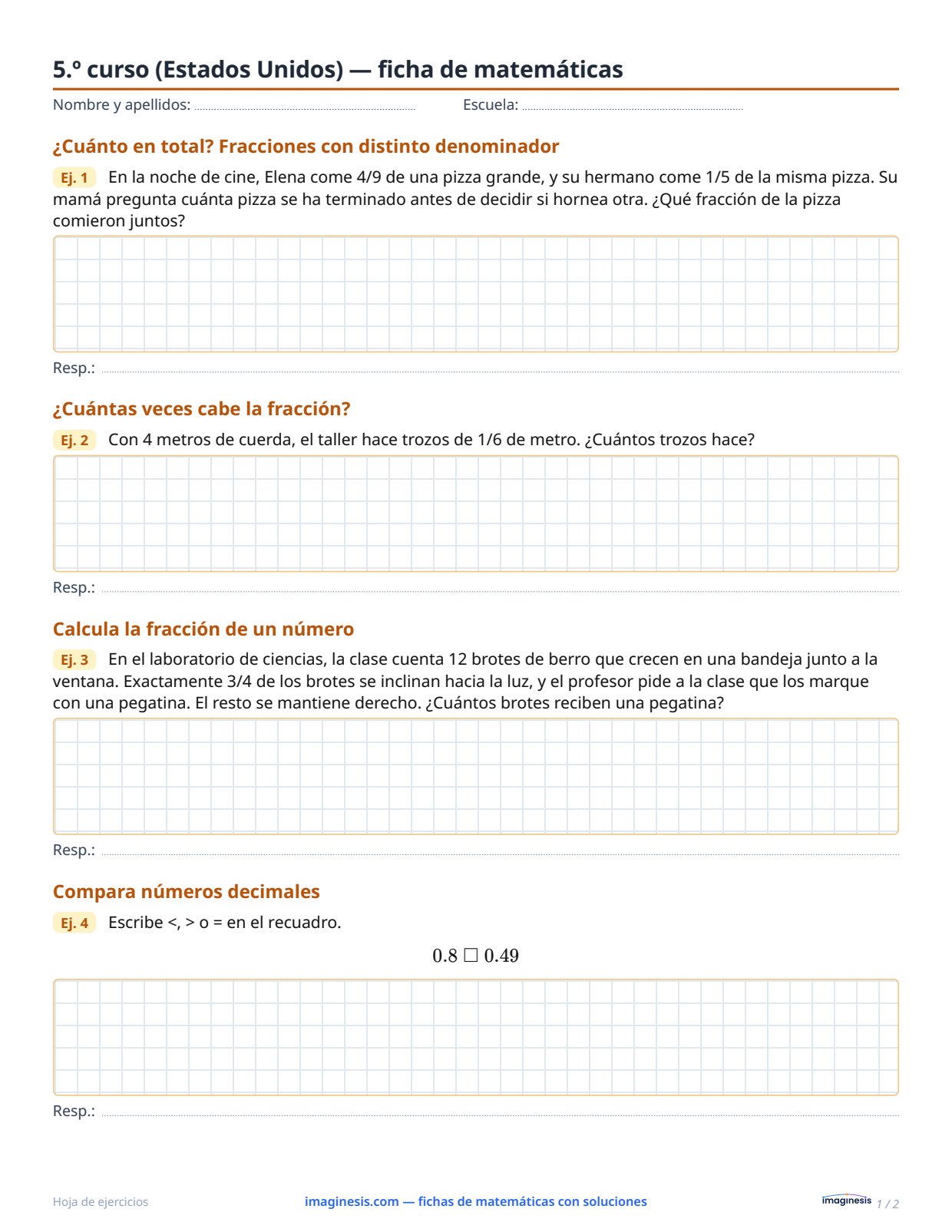 5.º curso (Estados Unidos) — ficha de matemáticas — Ficha del alumno: ficha de matemáticas para imprimir (5.º curso, Estados Unidos)