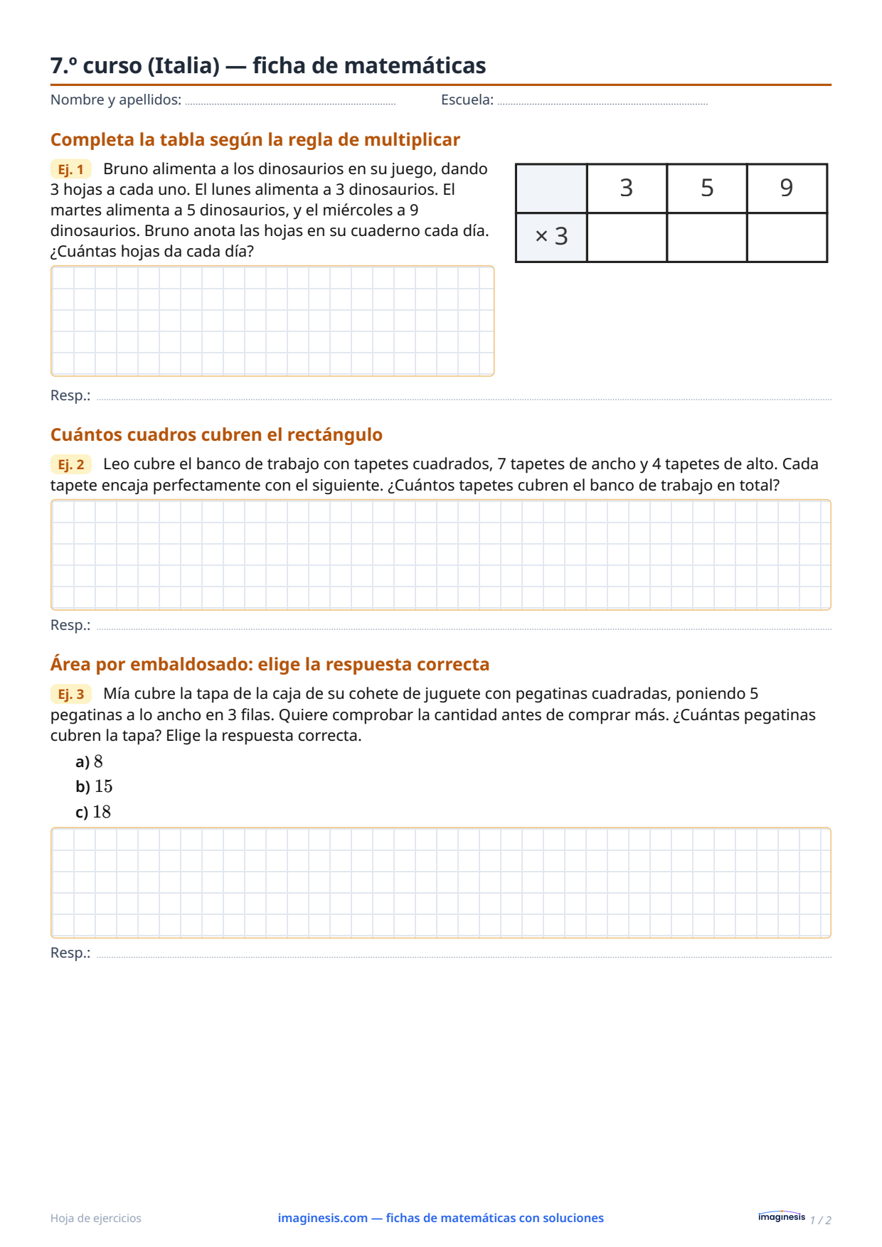 7.º curso (Italia) — ficha de matemáticas — Ficha del alumno: ficha de matemáticas para imprimir (7.º curso, Italia)