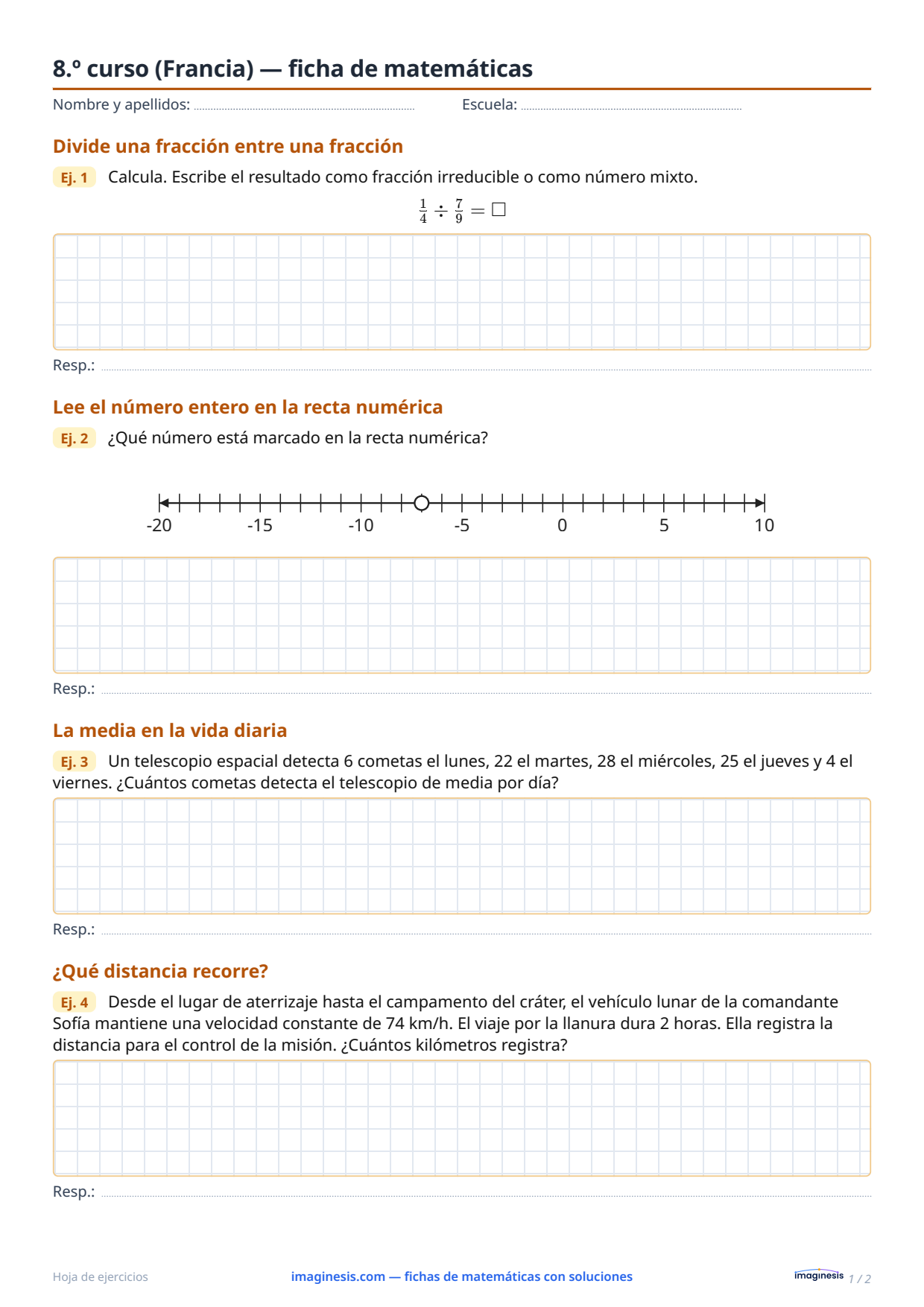 8.º curso (Francia) — ficha de matemáticas — Ficha del alumno: ficha de matemáticas para imprimir (8.º curso, Francia)