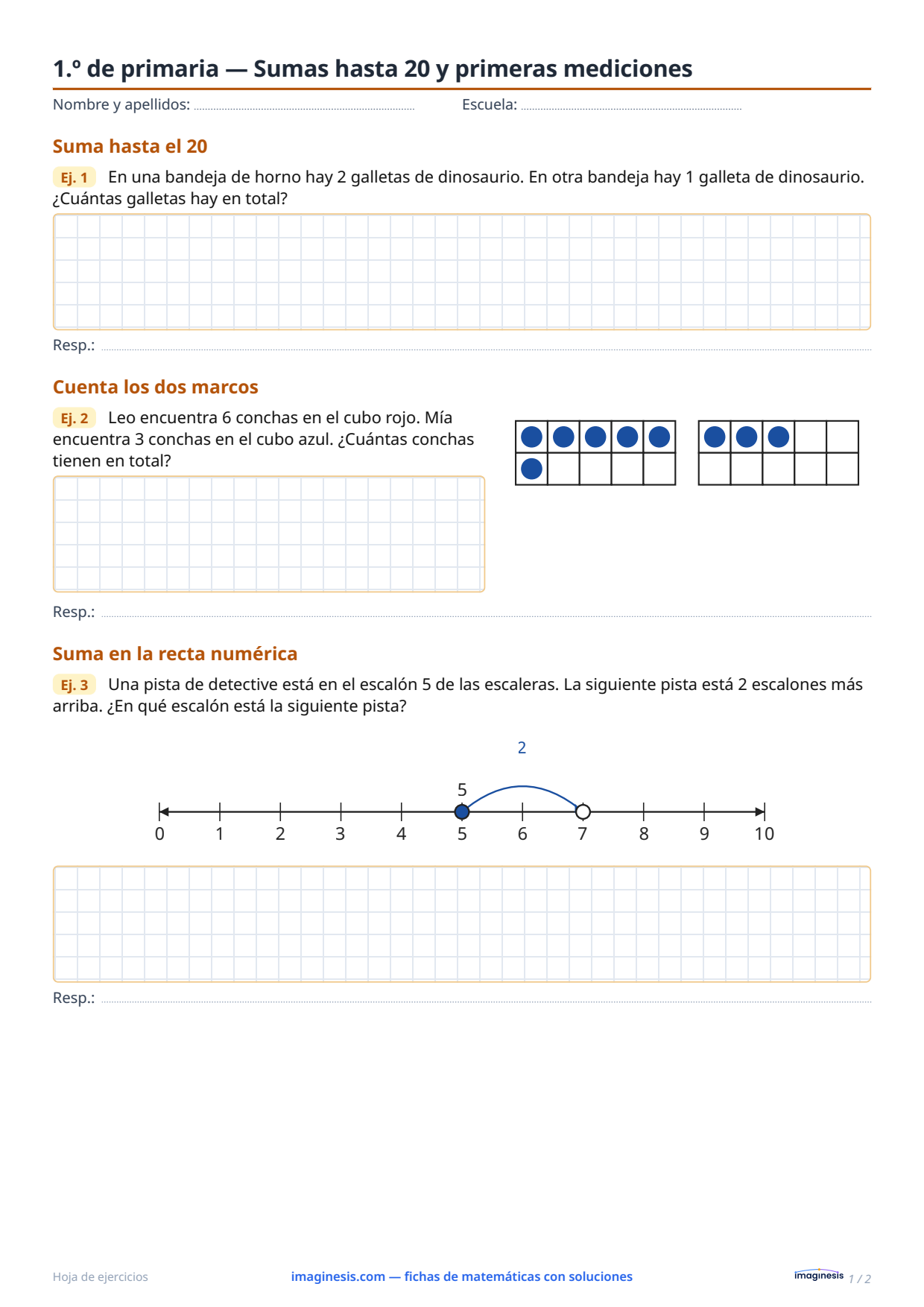 1.º de primaria — Sumas hasta 20 y primeras mediciones — Ficha del alumno: ficha de matemáticas para imprimir (1.º curso, Alemania)