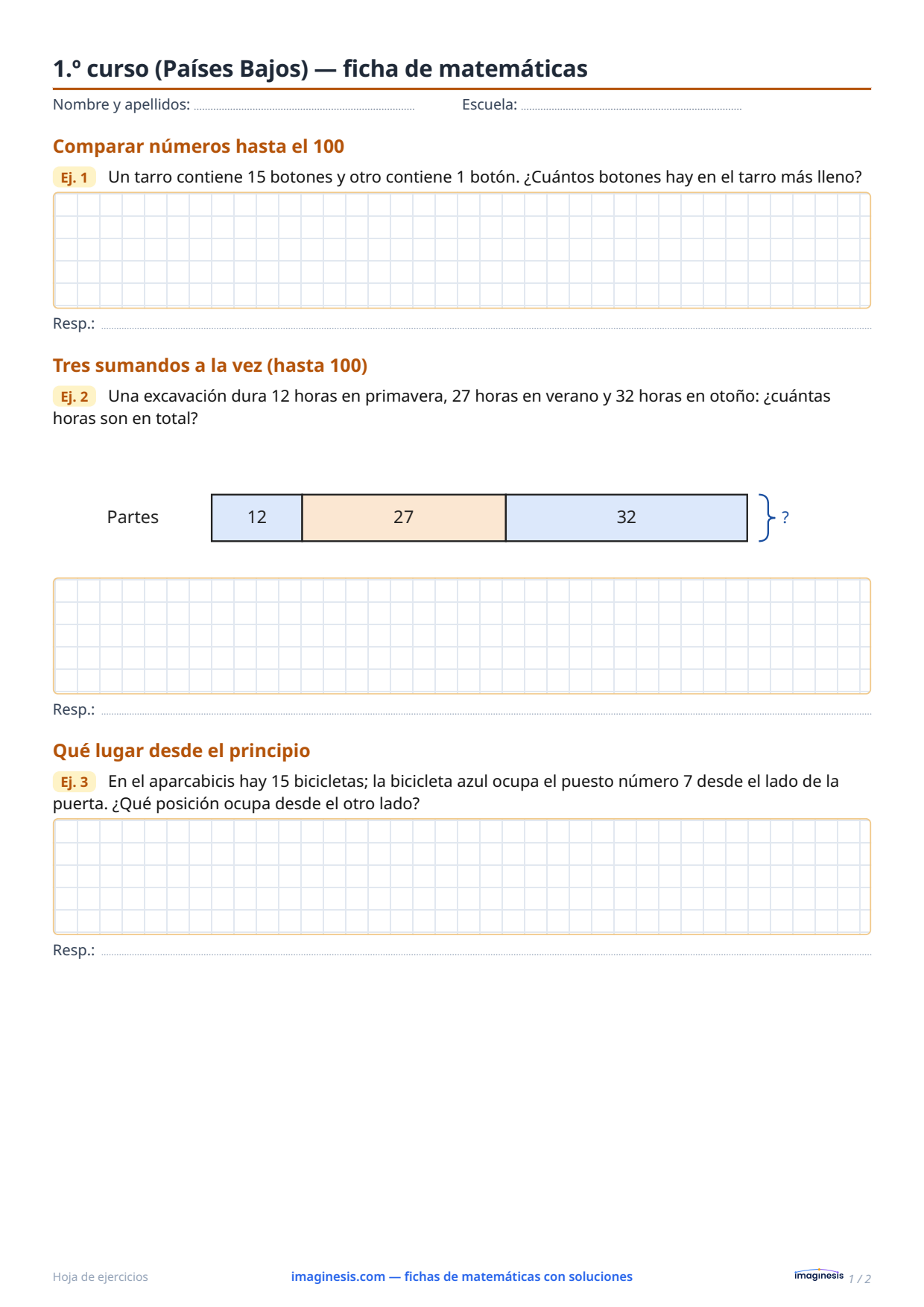 1.º curso (Países Bajos) — ficha de matemáticas — Ficha del alumno: ficha de matemáticas para imprimir (1.º curso, Países Bajos)