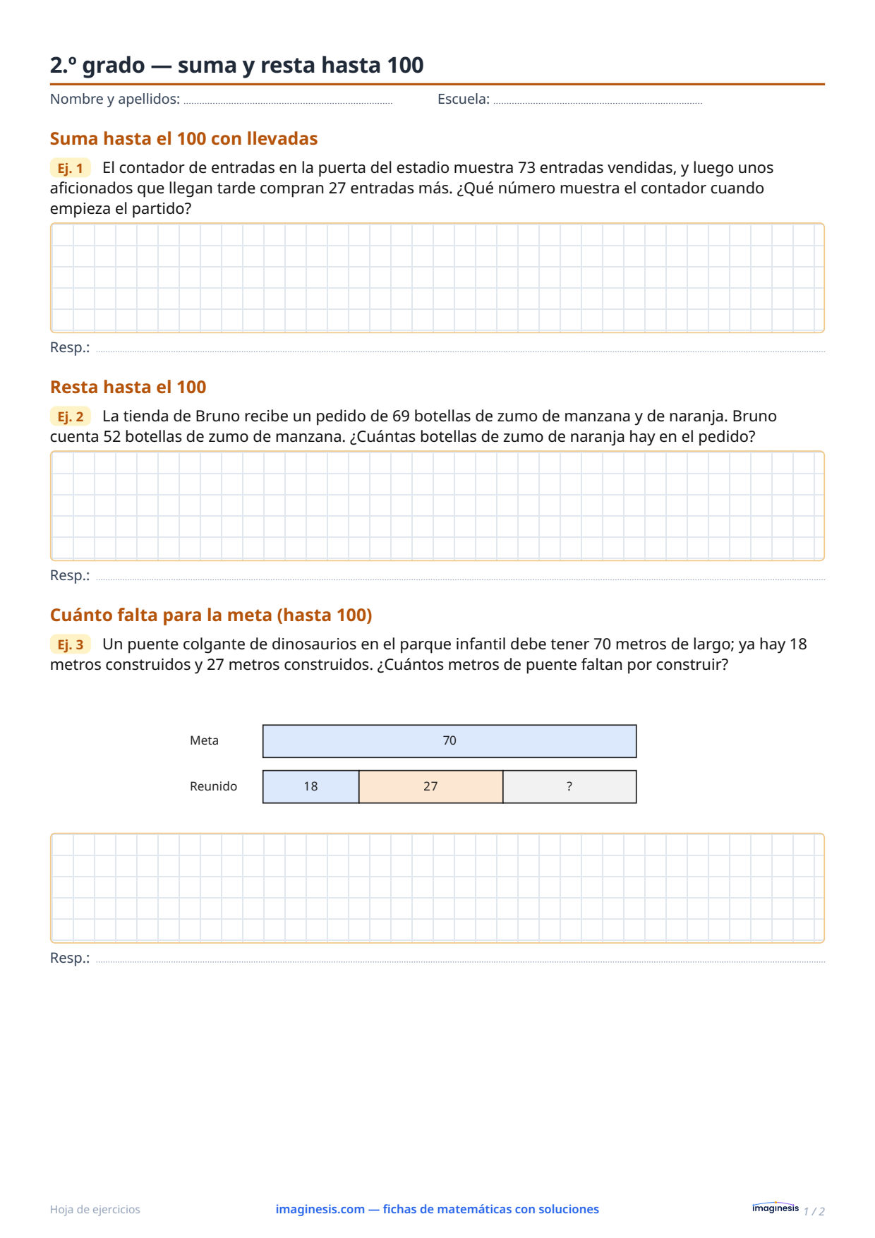 2.º grado — suma y resta hasta 100 — Ficha del alumno: ficha de matemáticas para imprimir (2.º curso, Polonia)
