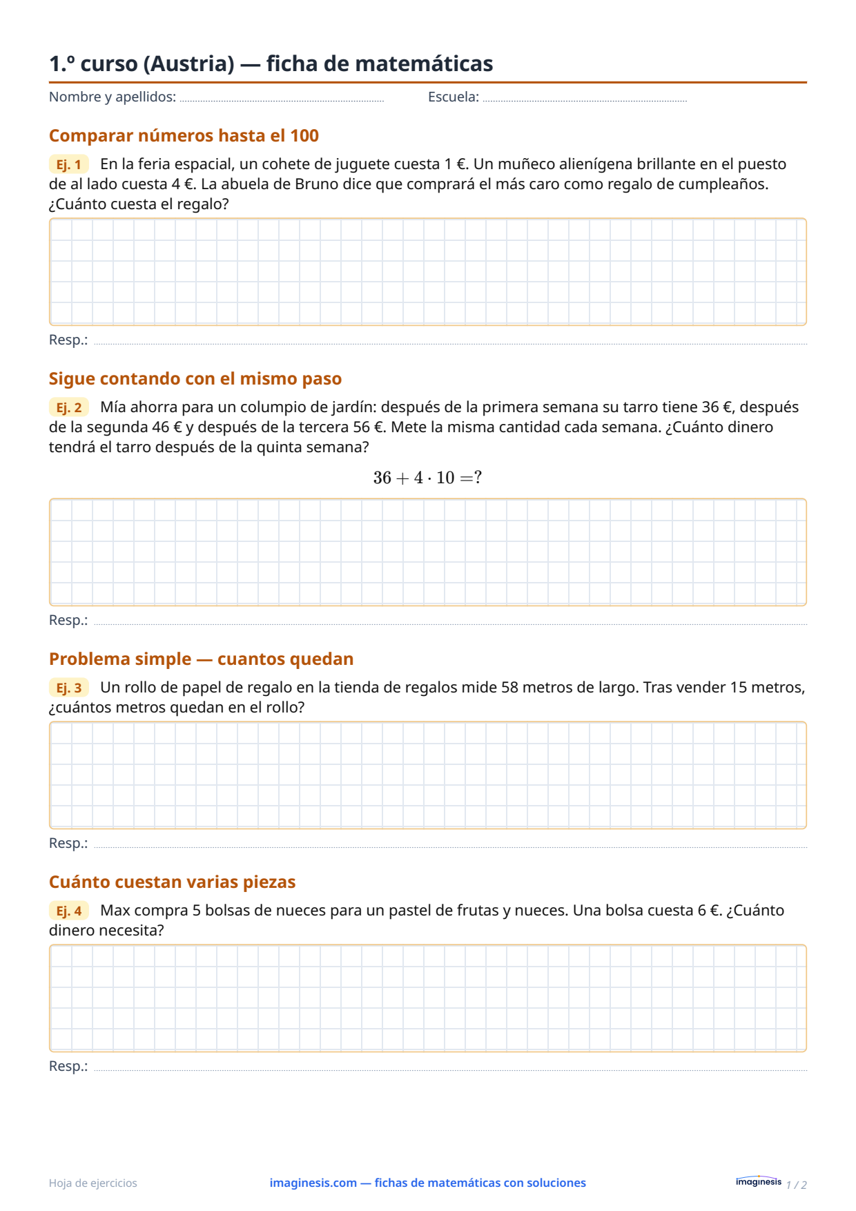 1.º curso (Austria) — ficha de matemáticas — Ficha del alumno: ficha de matemáticas para imprimir (1.º curso, Austria)