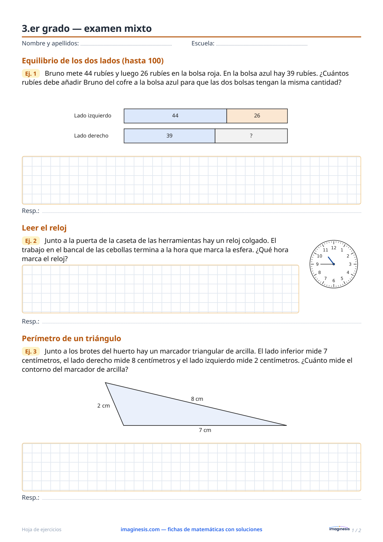 3.er grado — examen mixto — Ficha del alumno: ficha de matemáticas para imprimir (3.º curso, Polonia)