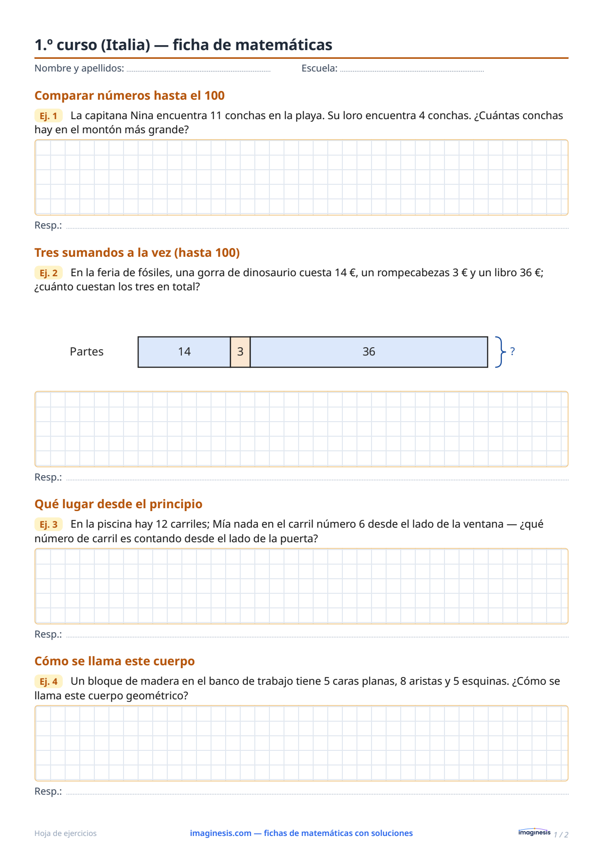 1.º curso (Italia) — ficha de matemáticas — Ficha del alumno: ficha de matemáticas para imprimir (1.º curso, Italia)