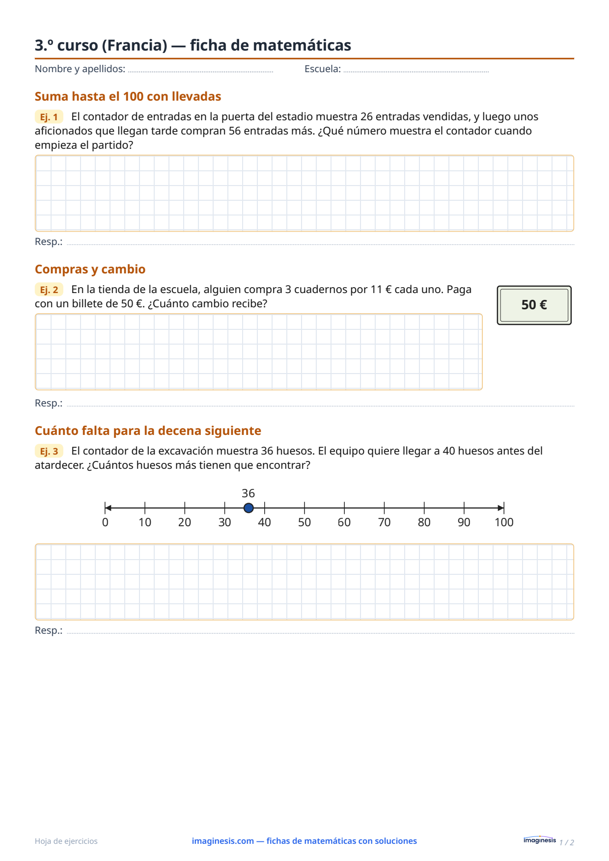 3.º curso (Francia) — ficha de matemáticas — Ficha del alumno: ficha de matemáticas para imprimir (3.º curso, Francia)