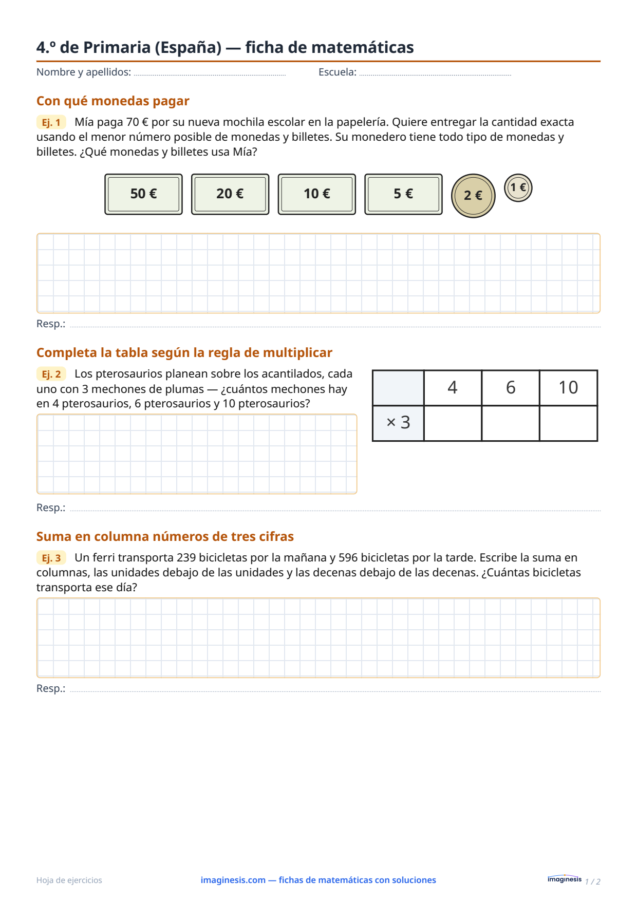 4.º de Primaria (España) — ficha de matemáticas — Ficha del alumno: ficha de matemáticas para imprimir (4.º de Primaria, España)