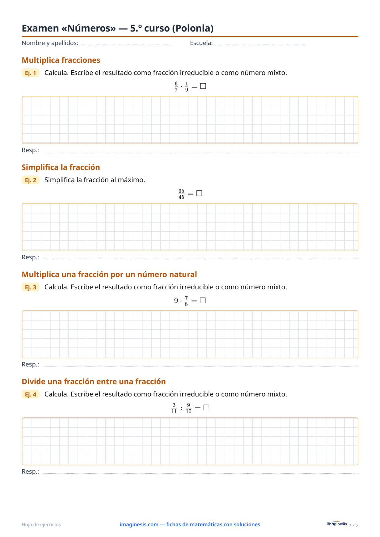 Examen «Números» — 5.º curso (Polonia) — Ficha del alumno: ficha de matemáticas para imprimir (5.º curso, Polonia)