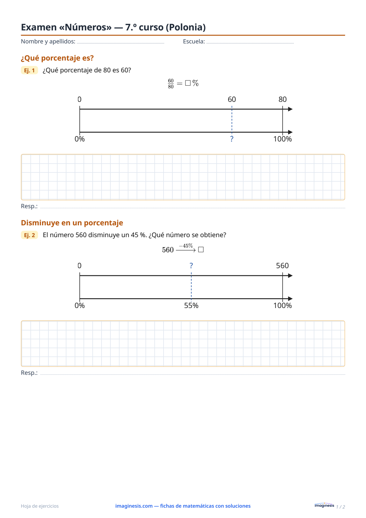 Examen «Números» — 7.º curso (Polonia) — Ficha del alumno: ficha de matemáticas para imprimir (7.º curso, Polonia)