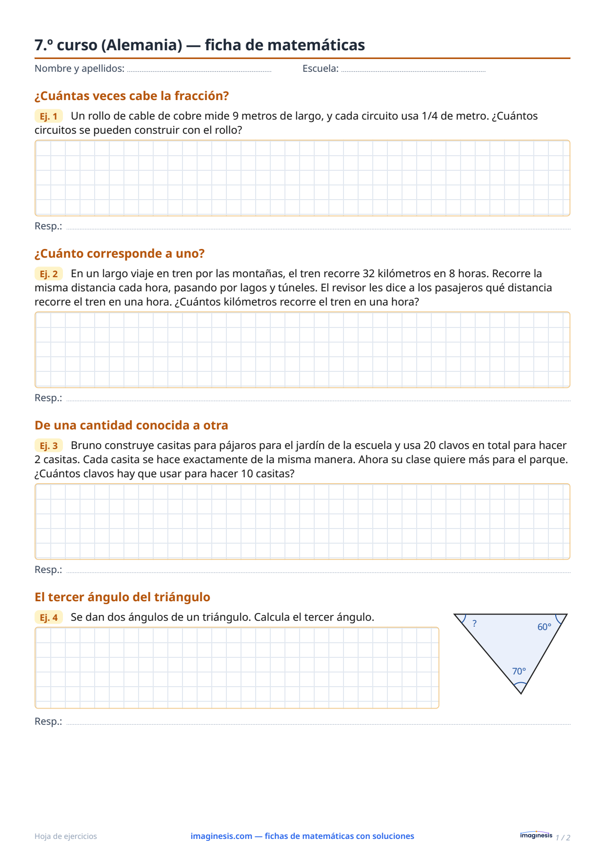 7.º curso (Alemania) — ficha de matemáticas — Ficha del alumno: ficha de matemáticas para imprimir (7.º curso, Alemania)