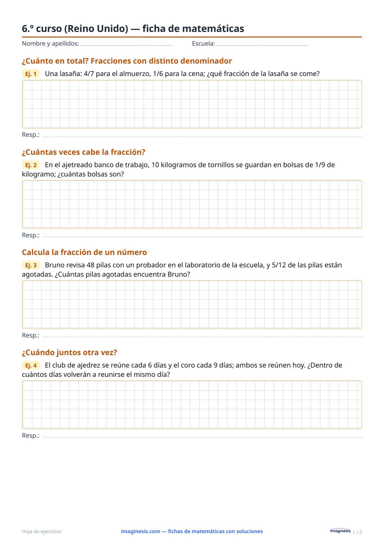6.º curso (Reino Unido) — ficha de matemáticas — Ficha del alumno: ficha de matemáticas para imprimir (6.º curso, Reino Unido)