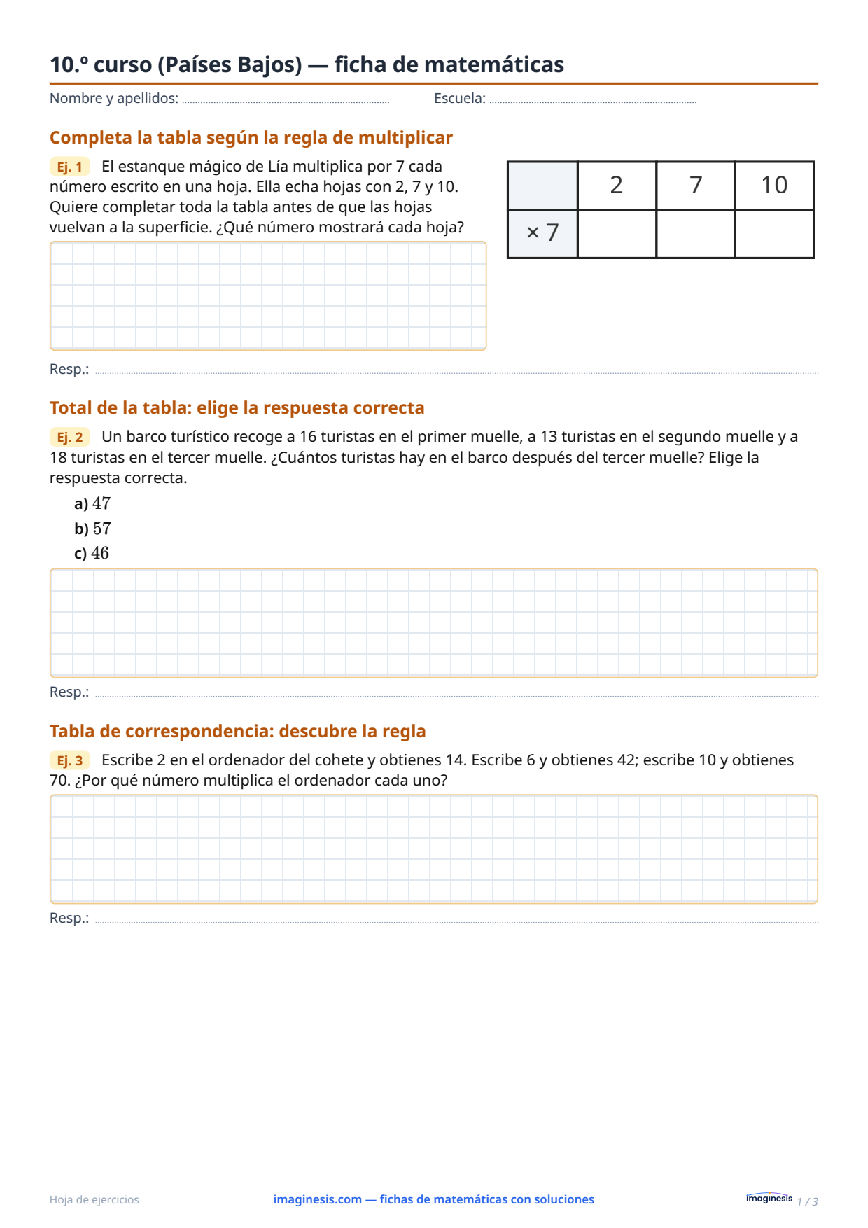 10.º curso (Países Bajos) — ficha de matemáticas — Ficha del alumno: ficha de matemáticas para imprimir (10.º curso, Países Bajos)