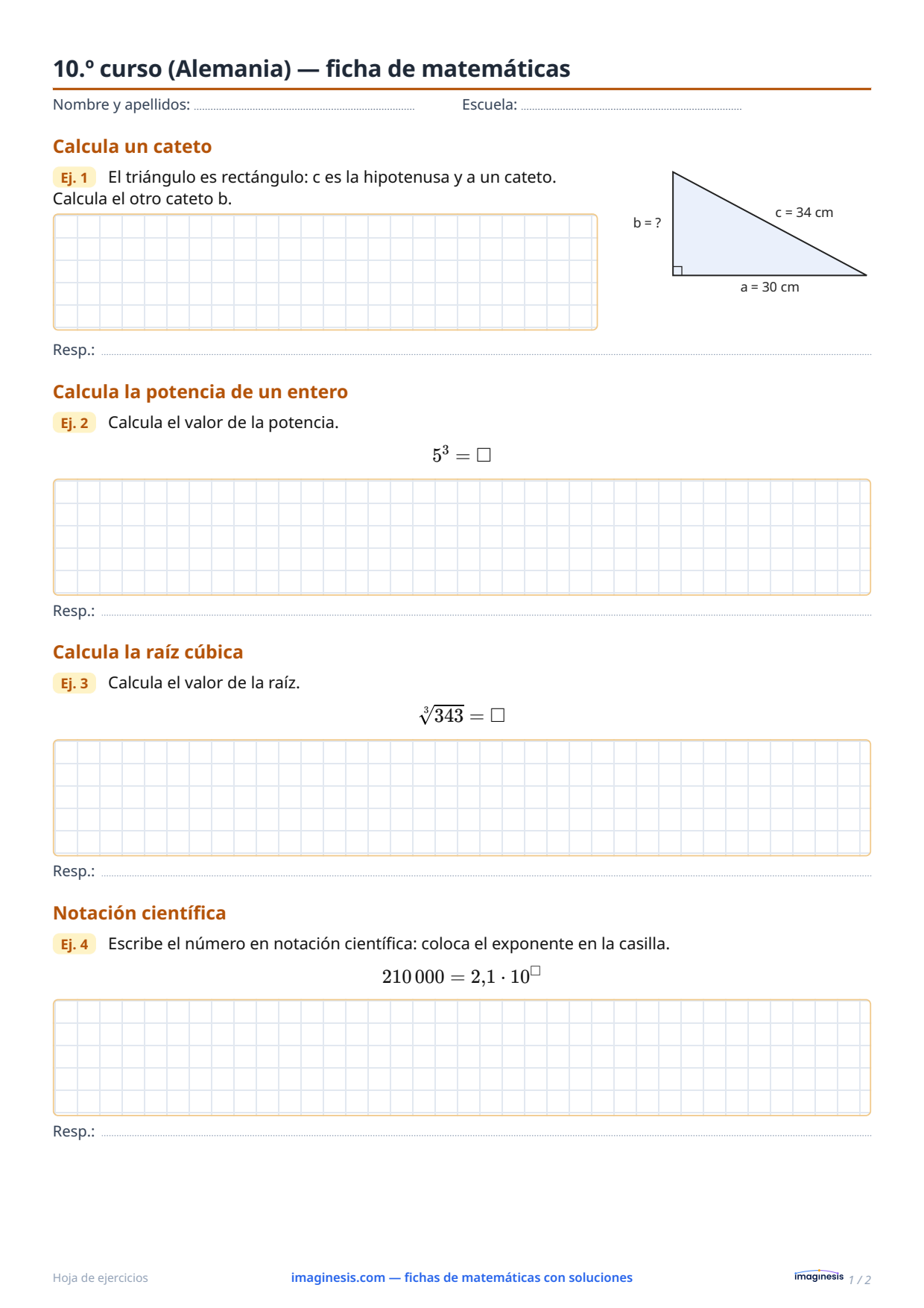 10.º curso (Alemania) — ficha de matemáticas — Ficha del alumno: ficha de matemáticas para imprimir (10.º curso, Alemania)
