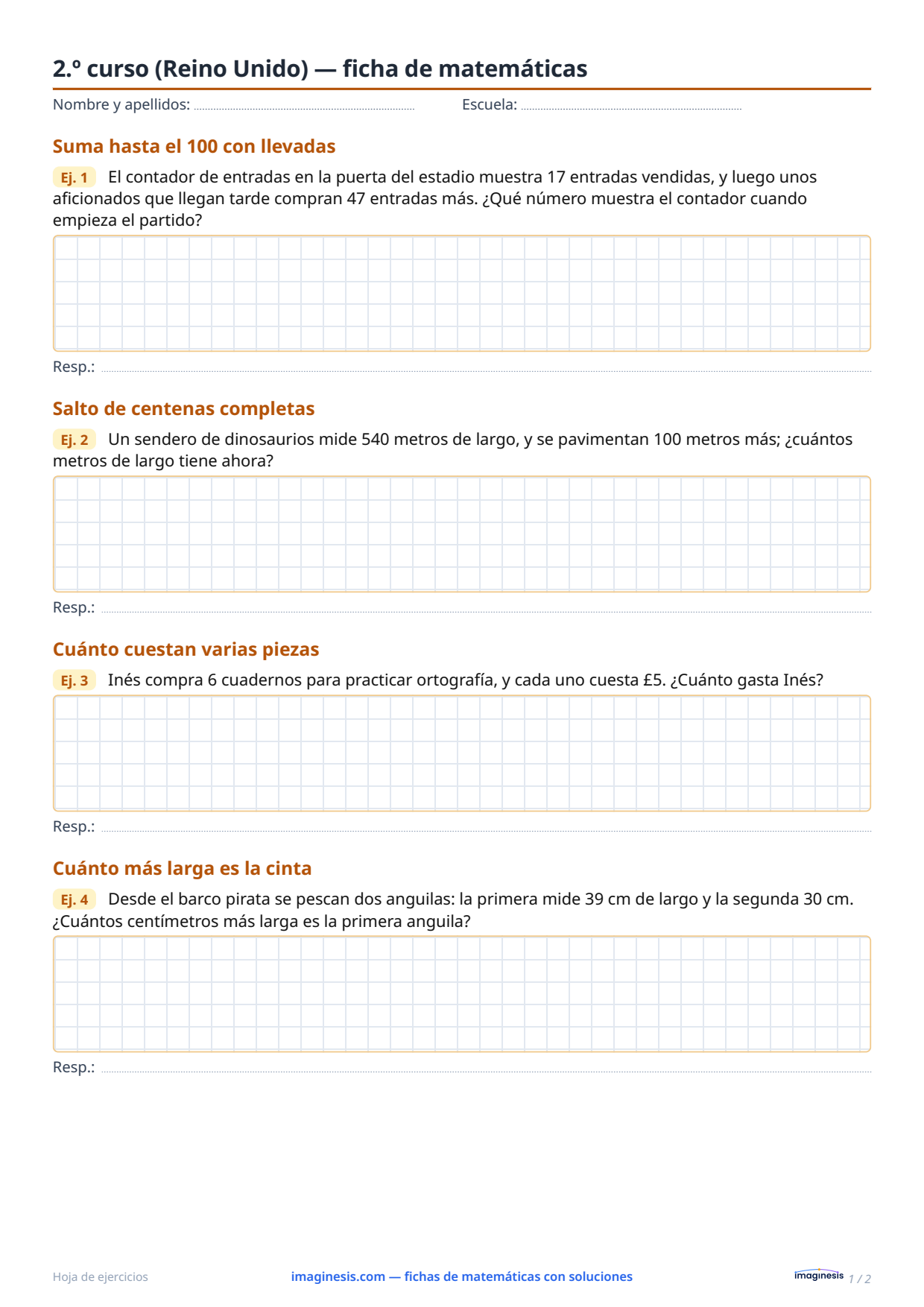 2.º curso (Reino Unido) — ficha de matemáticas — Ficha del alumno: ficha de matemáticas para imprimir (2.º curso, Reino Unido)