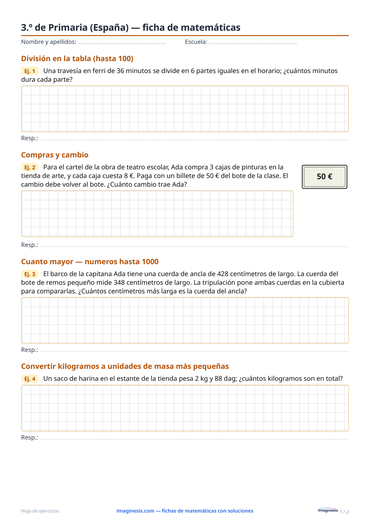3.º de Primaria (España) — ficha de matemáticas — Ficha del alumno: ficha de matemáticas para imprimir (3.º de Primaria, España)