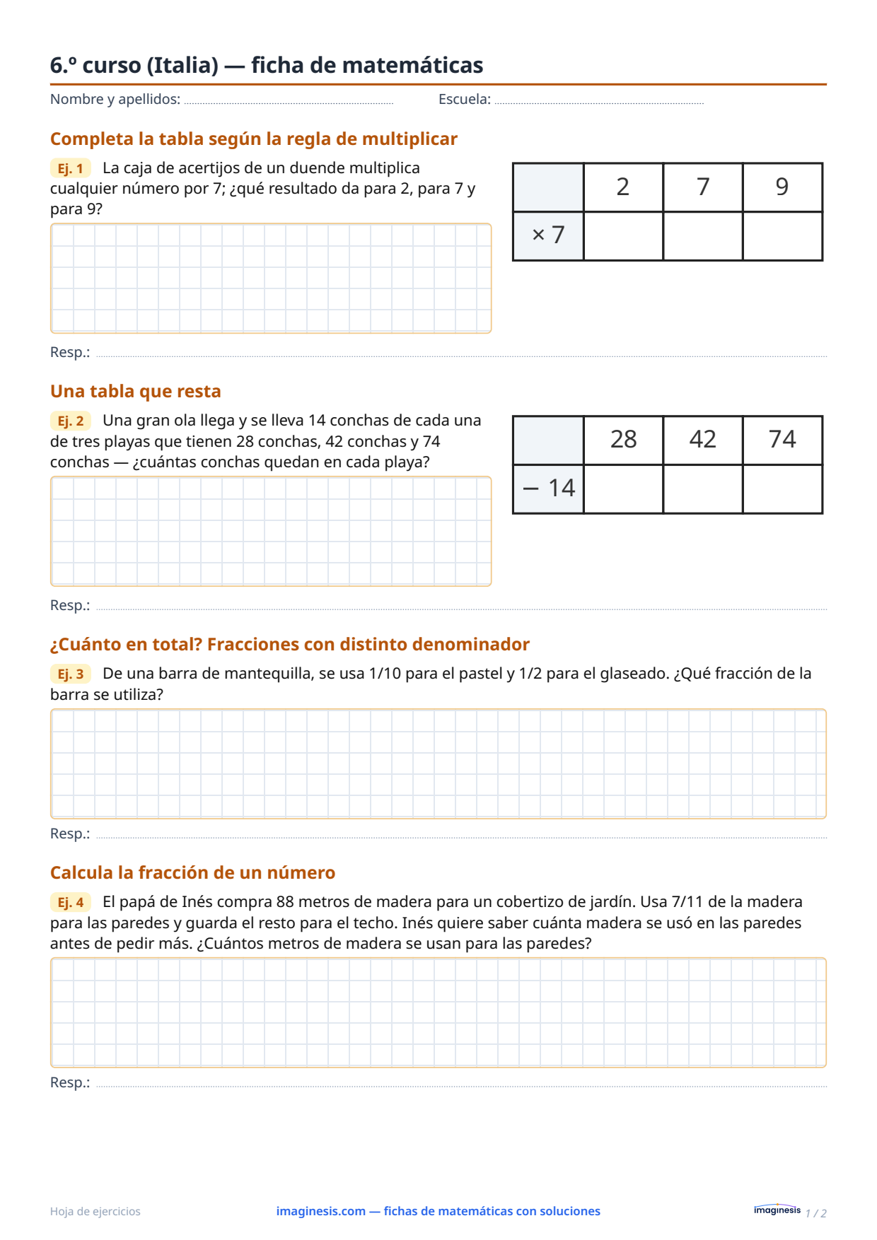 6.º curso (Italia) — ficha de matemáticas — Ficha del alumno: ficha de matemáticas para imprimir (6.º curso, Italia)