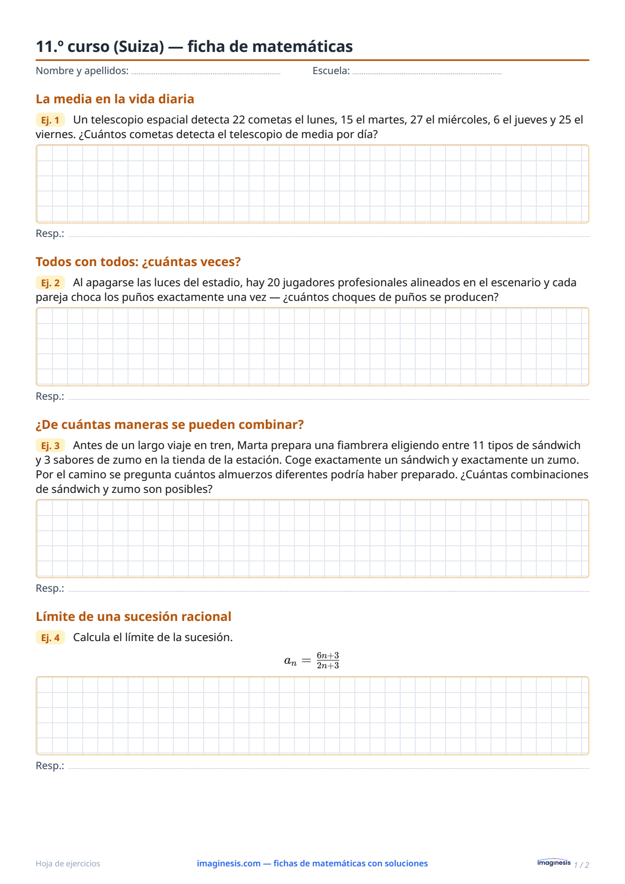 11.º curso (Suiza) — ficha de matemáticas — Ficha del alumno: ficha de matemáticas para imprimir (11.º curso, Suiza)