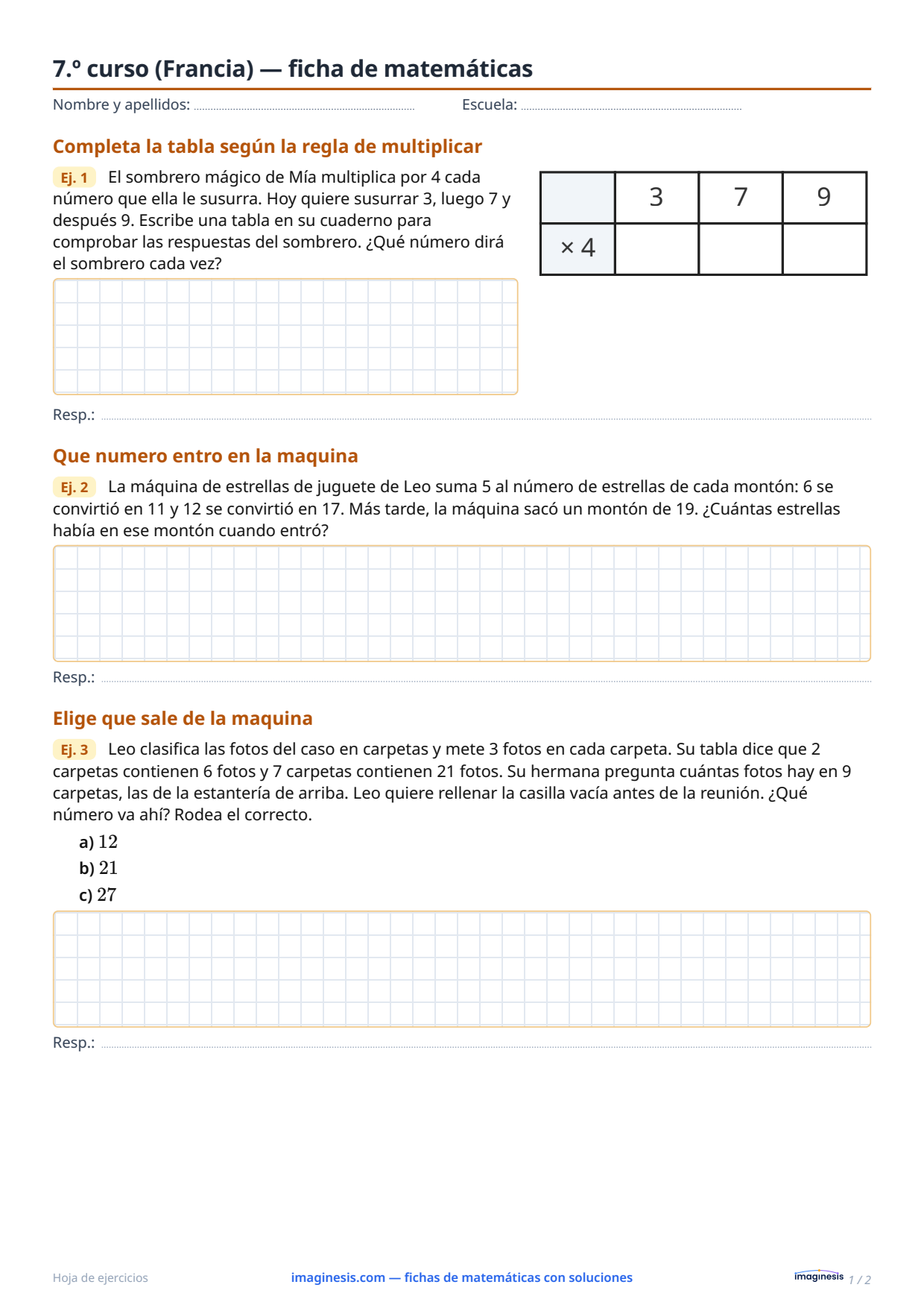 7.º curso (Francia) — ficha de matemáticas — Ficha del alumno: ficha de matemáticas para imprimir (7.º curso, Francia)