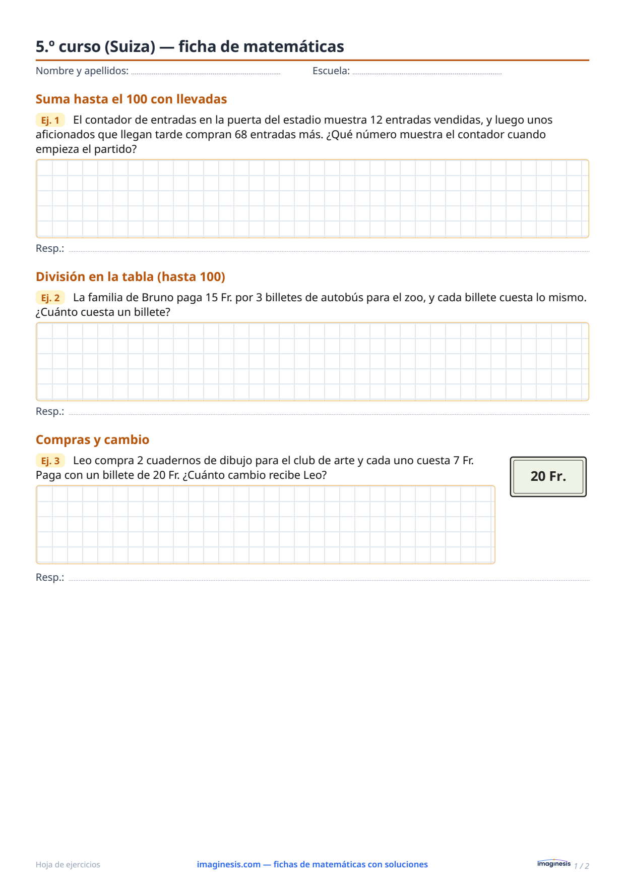5.º curso (Suiza) — ficha de matemáticas — Ficha del alumno: ficha de matemáticas para imprimir (5.º curso, Suiza)