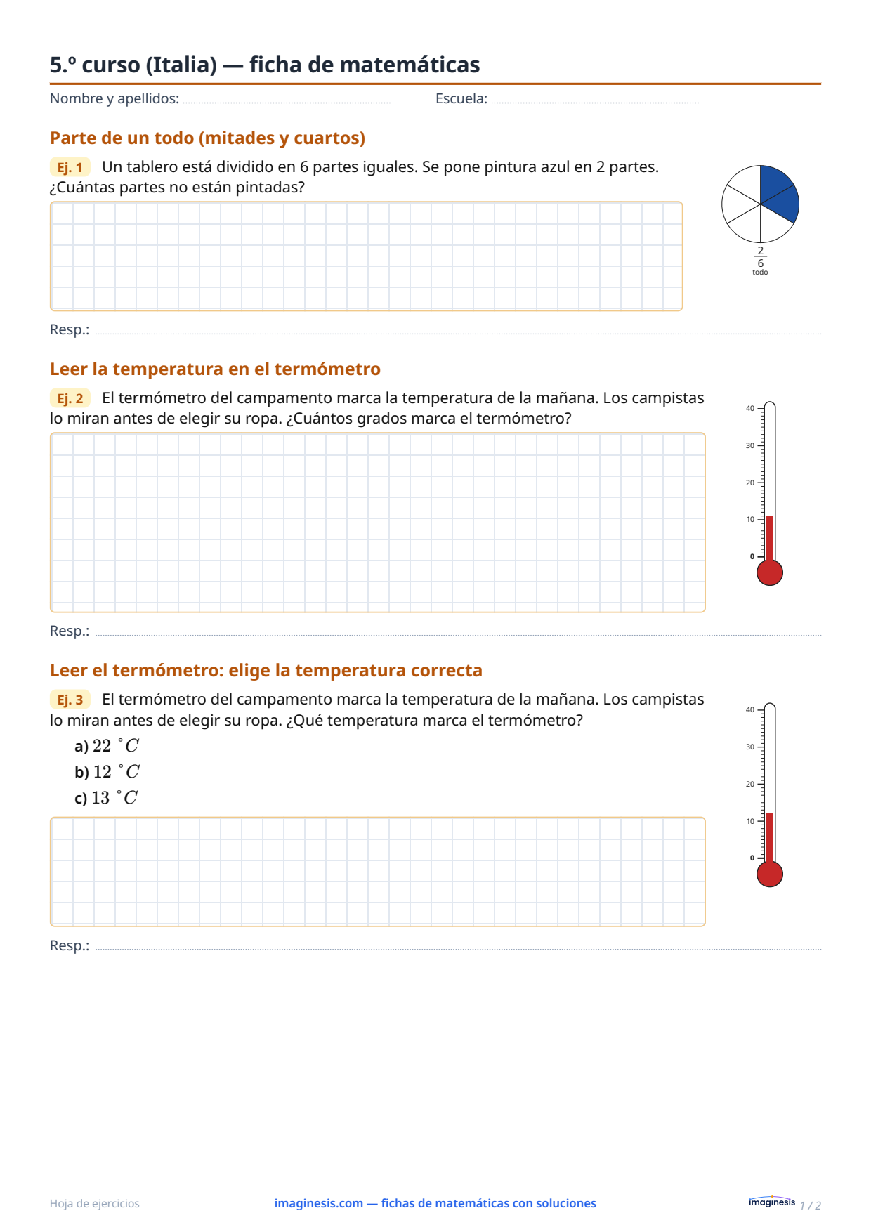 5.º curso (Italia) — ficha de matemáticas — Ficha del alumno: ficha de matemáticas para imprimir (5.º curso, Italia)