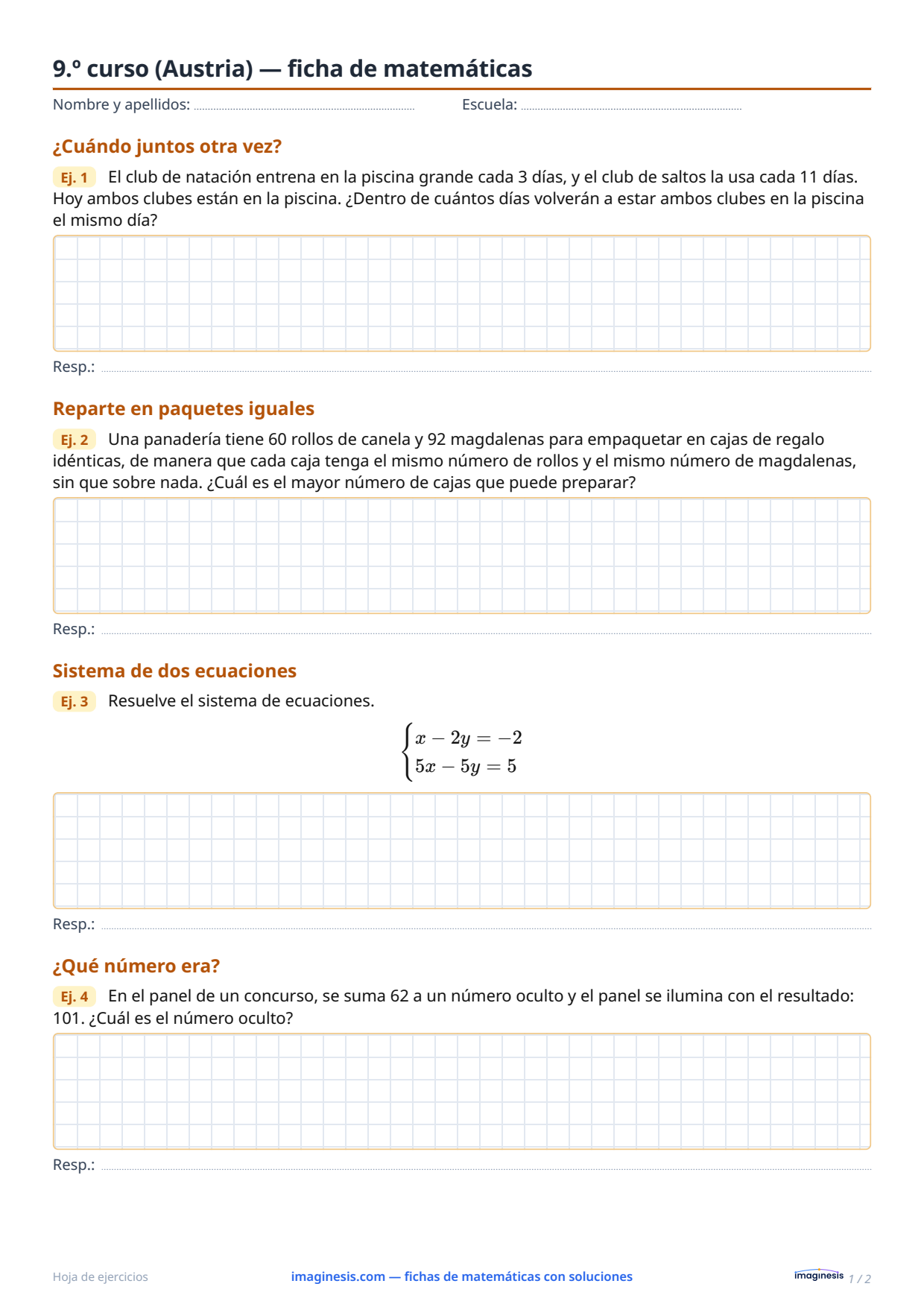 9.º curso (Austria) — ficha de matemáticas — Ficha del alumno: ficha de matemáticas para imprimir (9.º curso, Austria)