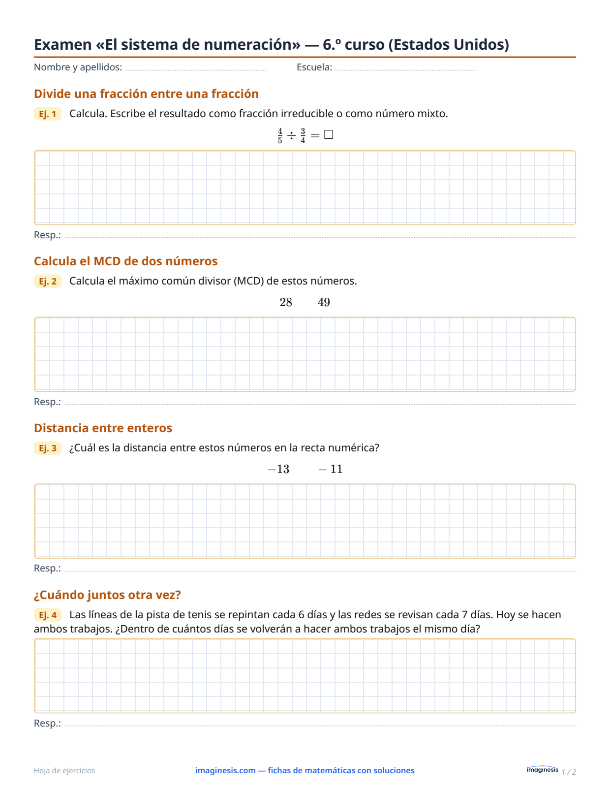 Examen «El sistema de numeración» — 6.º curso (Estados Unidos) — Ficha del alumno: ficha de matemáticas para imprimir (6.º curso, Estados Unidos)