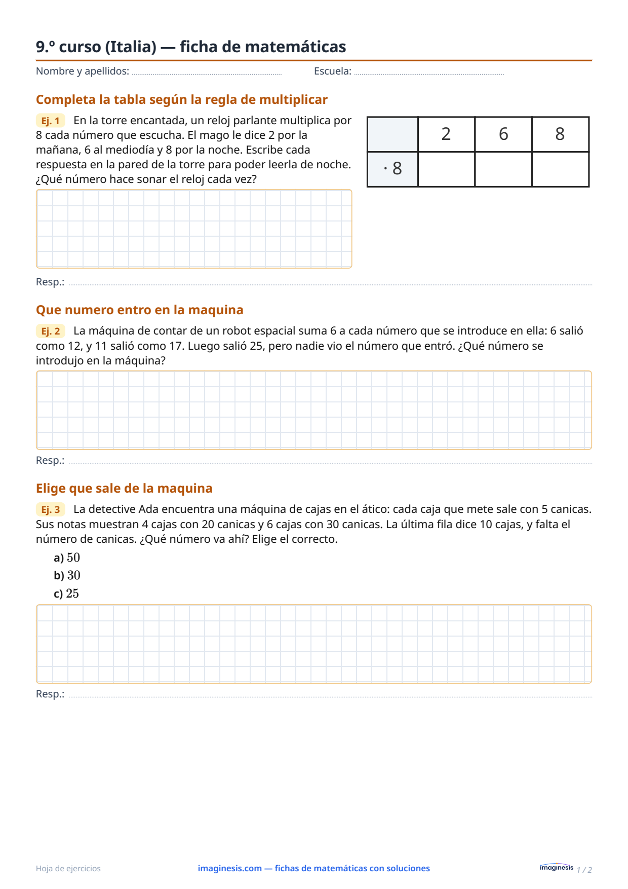 9.º curso (Italia) — ficha de matemáticas — Ficha del alumno: ficha de matemáticas para imprimir (9.º curso, Italia)