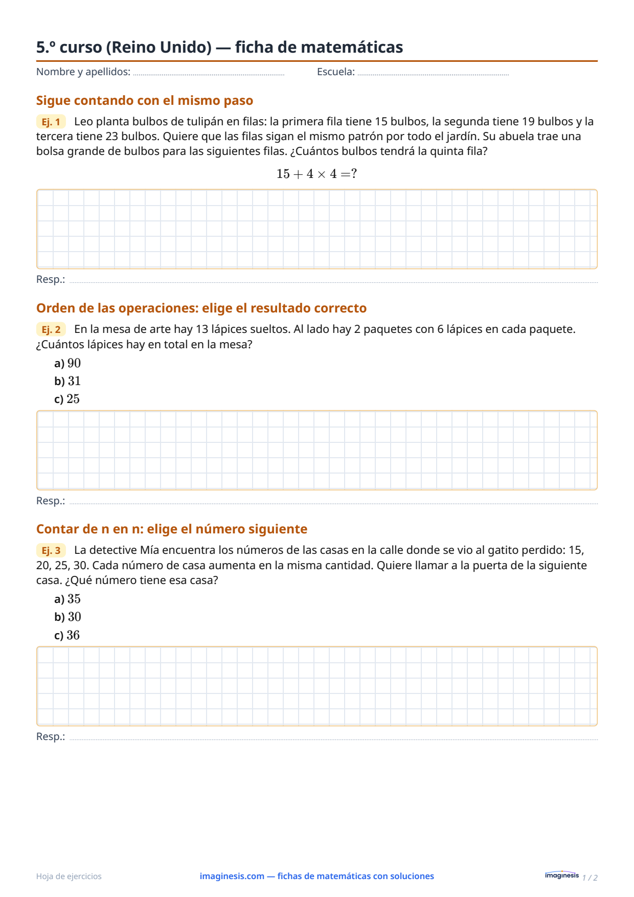 5.º curso (Reino Unido) — ficha de matemáticas — Ficha del alumno: ficha de matemáticas para imprimir (5.º curso, Reino Unido)