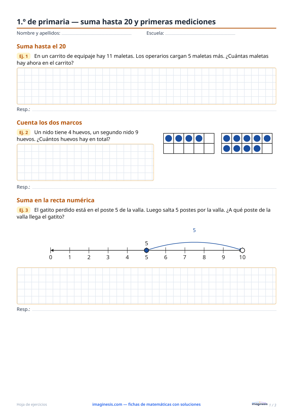 1.º de primaria — suma hasta 20 y primeras mediciones — Ficha del alumno: ficha de matemáticas para imprimir (1.º curso, Polonia)