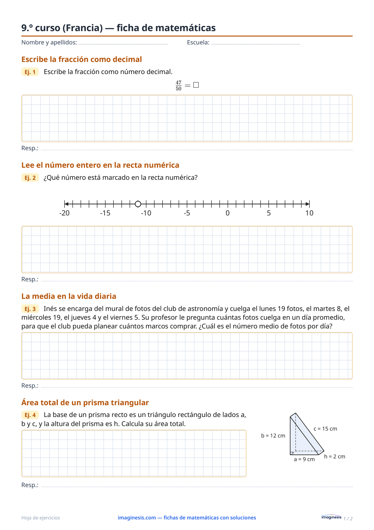 9.º curso (Francia) — ficha de matemáticas — Ficha del alumno: ficha de matemáticas para imprimir (9.º curso, Francia)