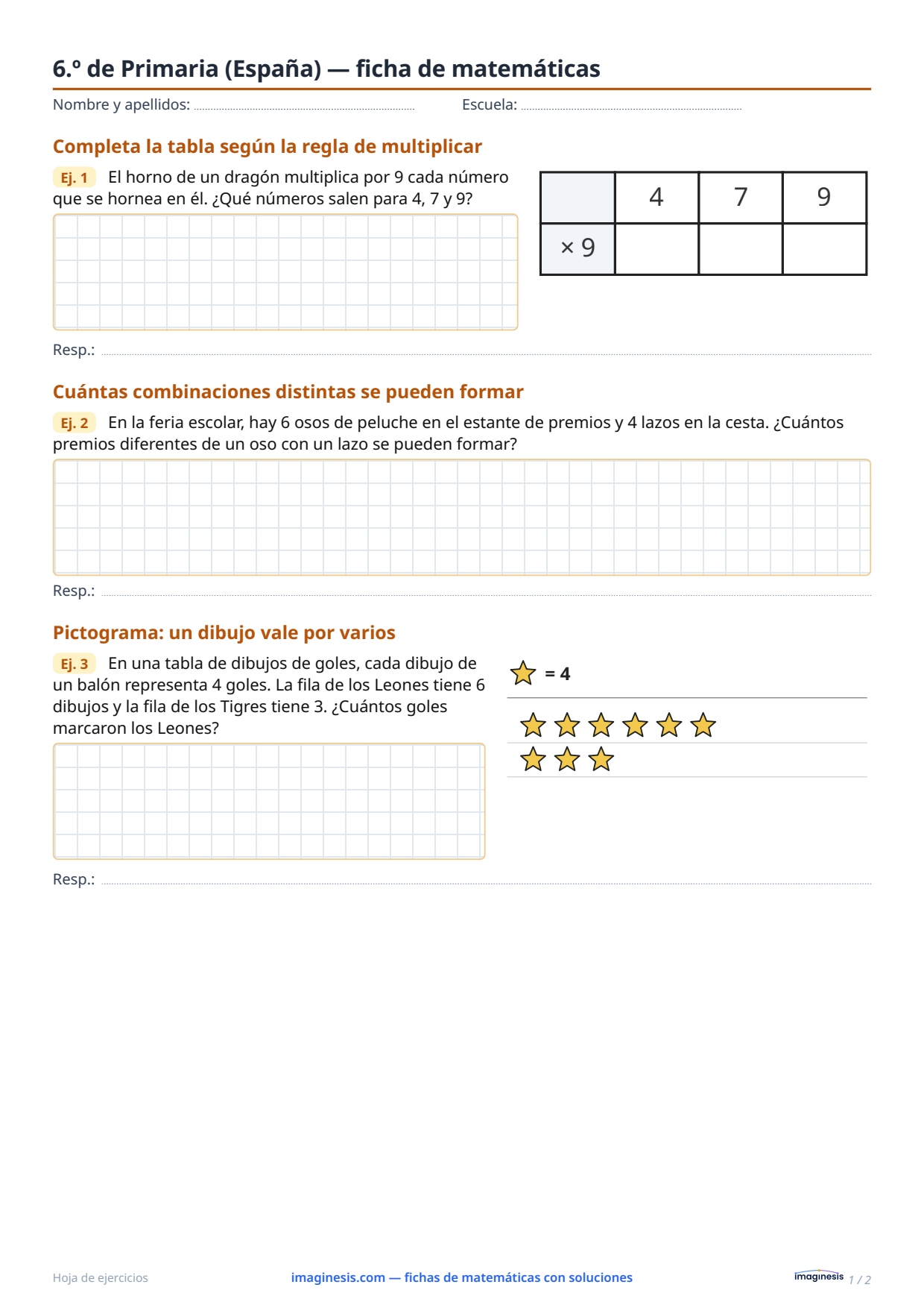 6.º de Primaria (España) — ficha de matemáticas — Ficha del alumno: ficha de matemáticas para imprimir (6.º de Primaria, España)