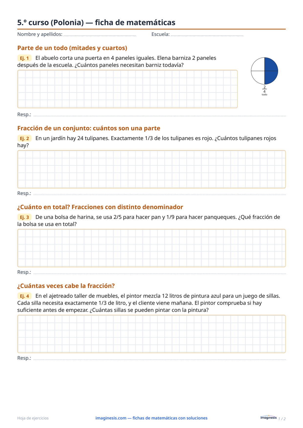 5.º curso (Polonia) — ficha de matemáticas — Ficha del alumno: ficha de matemáticas para imprimir (5.º curso, Polonia)